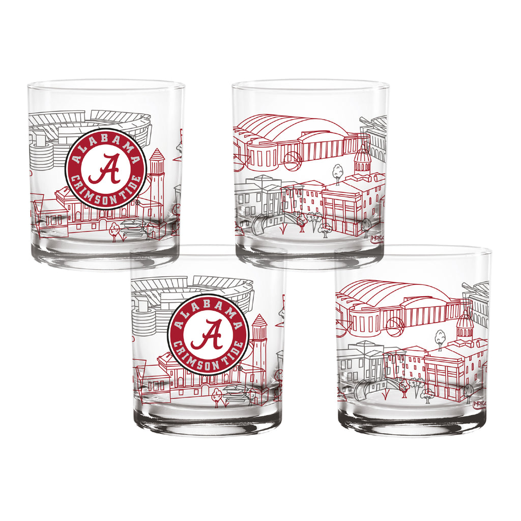 Set of 4 Alabama Crimson Tide Campus Line Art 14oz Rocks Glasses