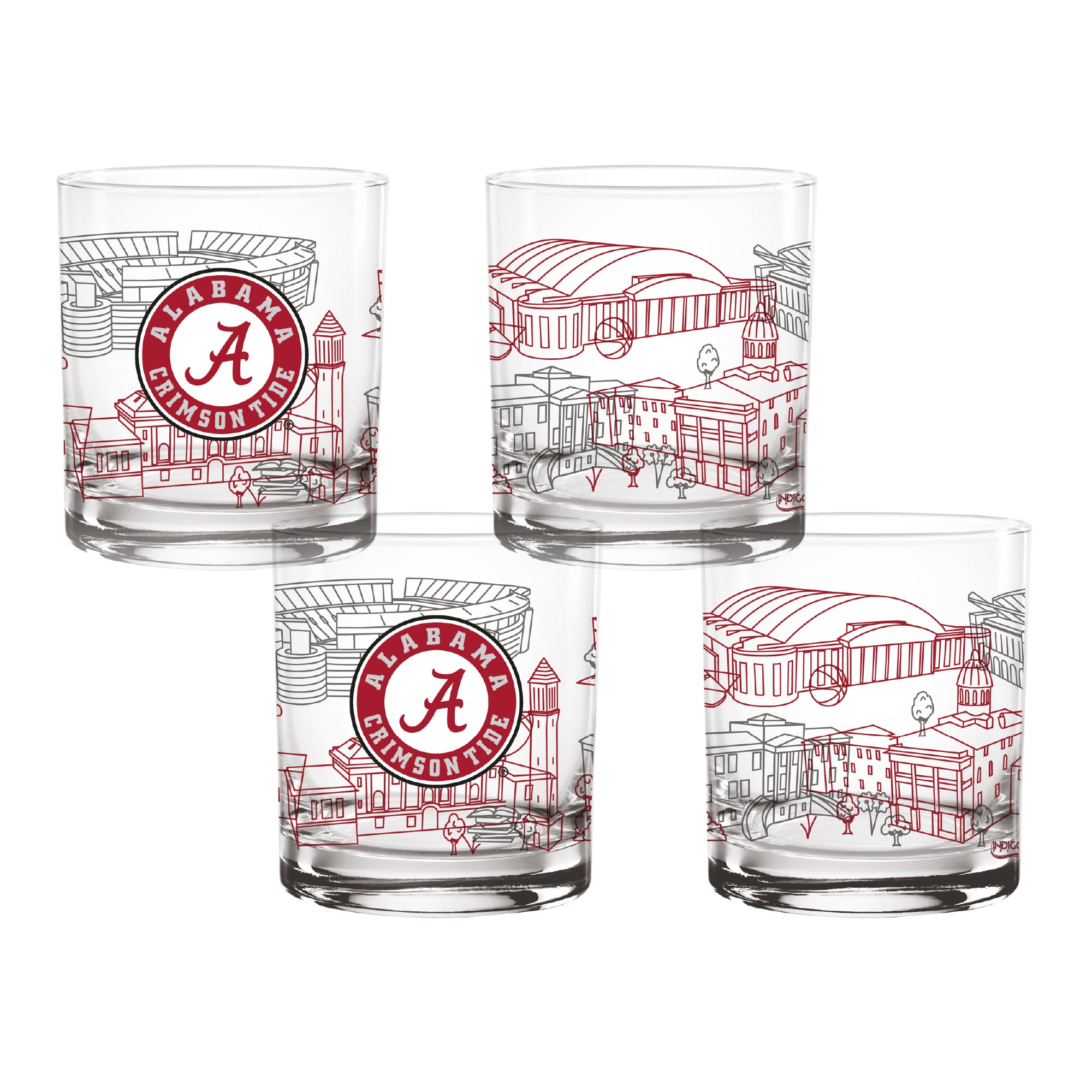 Set of 4 Alabama Crimson Tide Campus Line Art 14oz Rocks Glasses