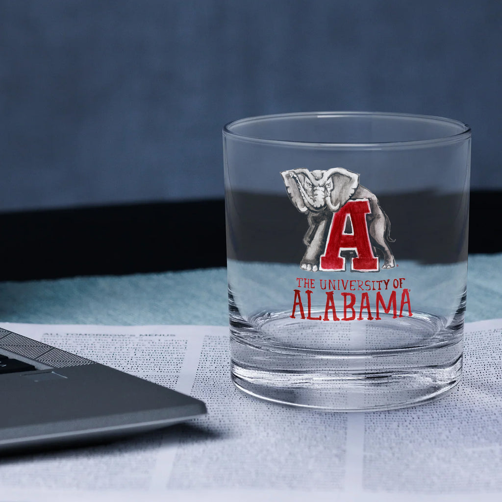 Set of 4 Alabama Crimson Tide Mascot by Laura Wilcox 14oz Rocks Glasses