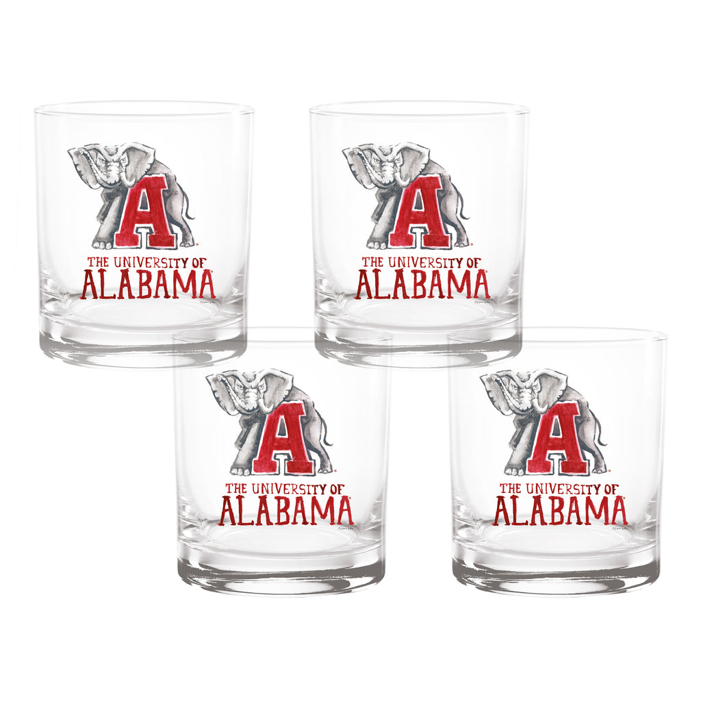 Set of 4 Alabama Crimson Tide Mascot by Laura Wilcox 14oz Rocks Glasses