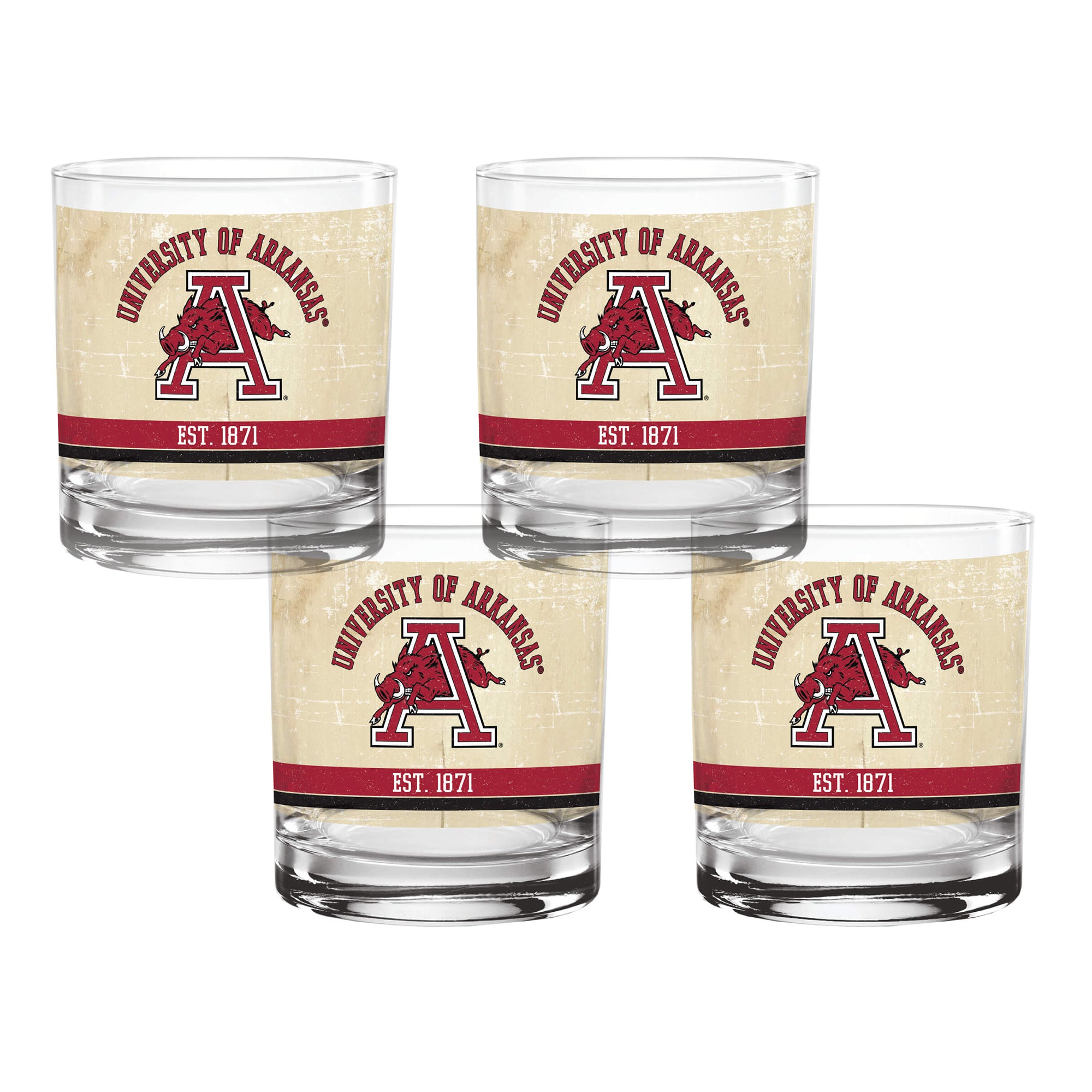 Set of 4 Arkansas Razorbacks College Vault Tan Retro 14oz Rocks Glasses
