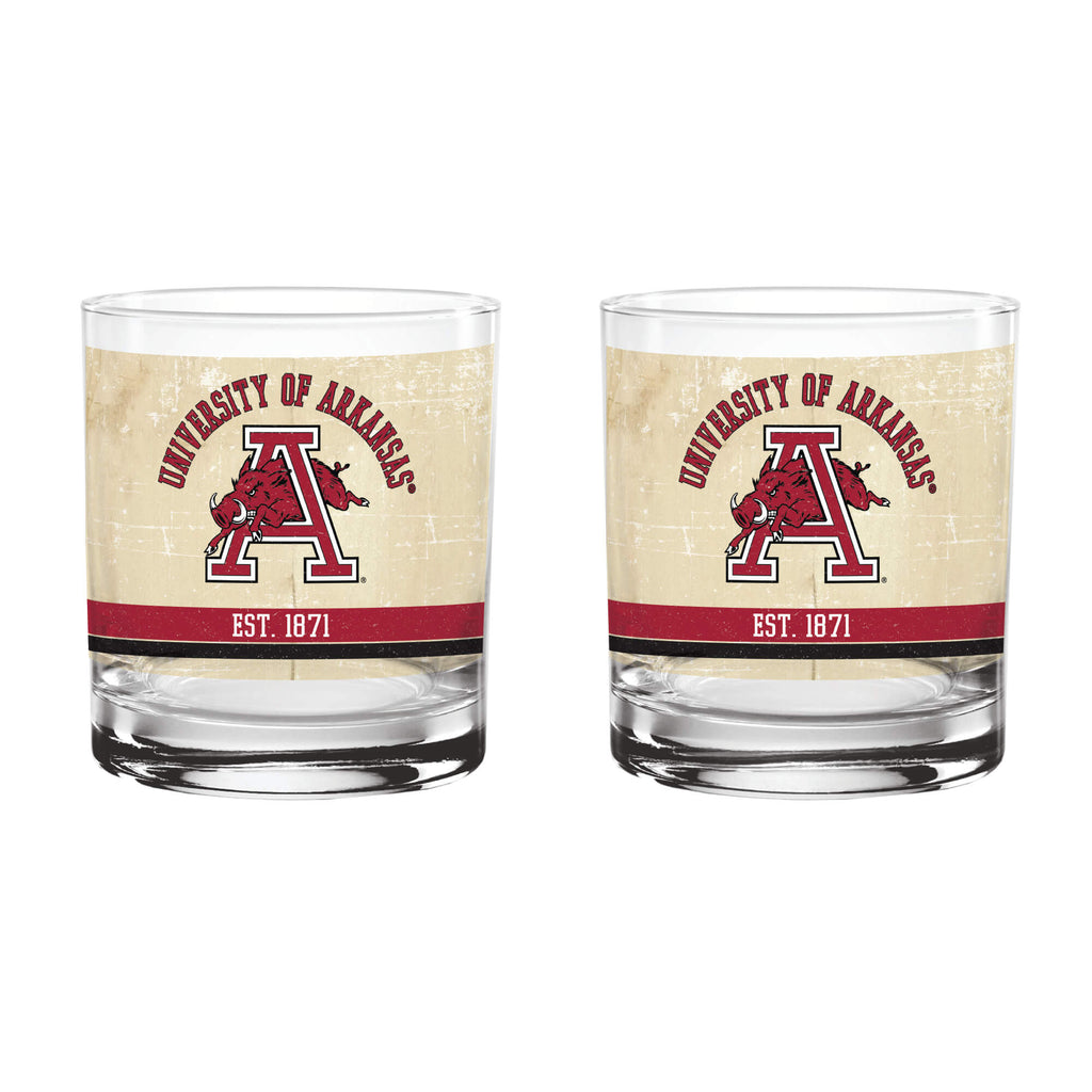Arkansas Razorbacks Set of 2 College Vault Tan Retro 14oz Rocks Glasses