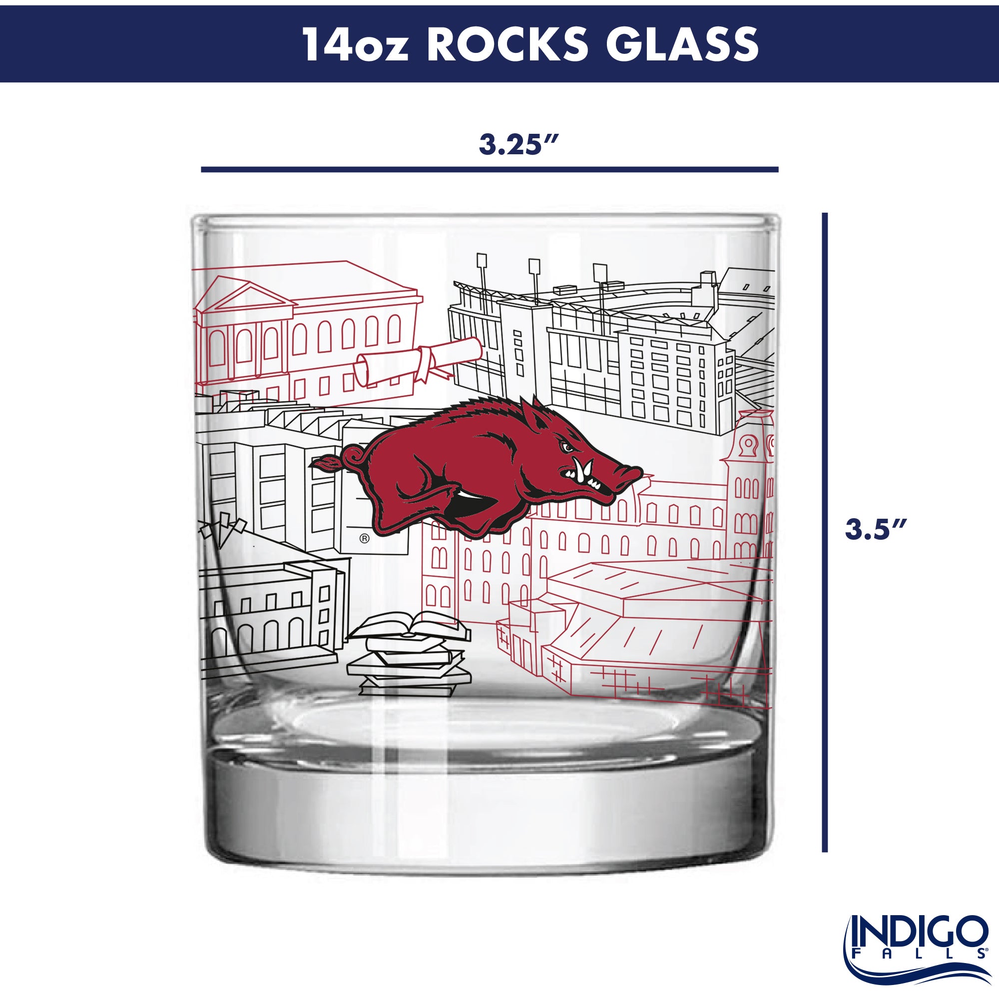 Set of 4 Arkansas Razorbacks Campus Line Art 14oz Rocks Glasses