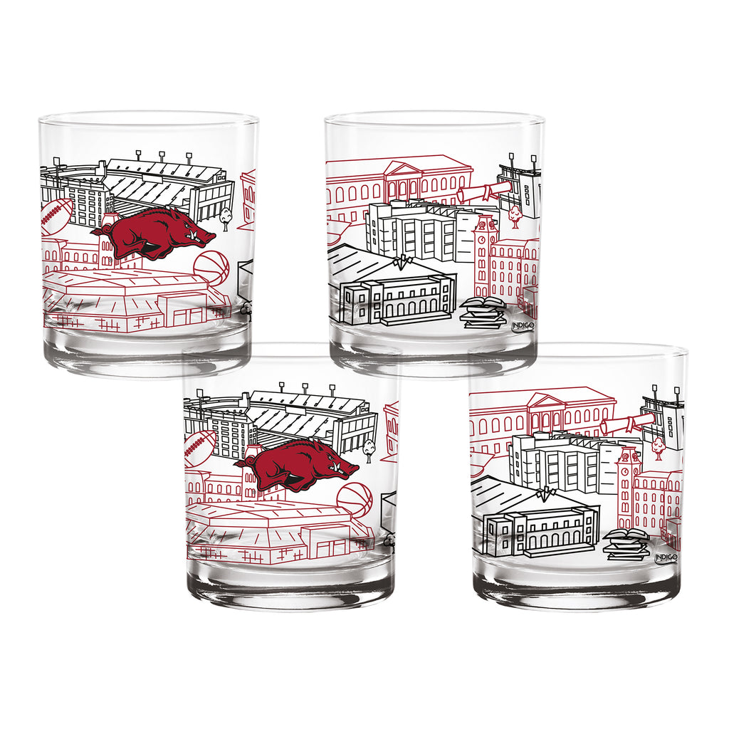 Set of 4 Arkansas Razorbacks Campus Line Art 14oz Rocks Glasses