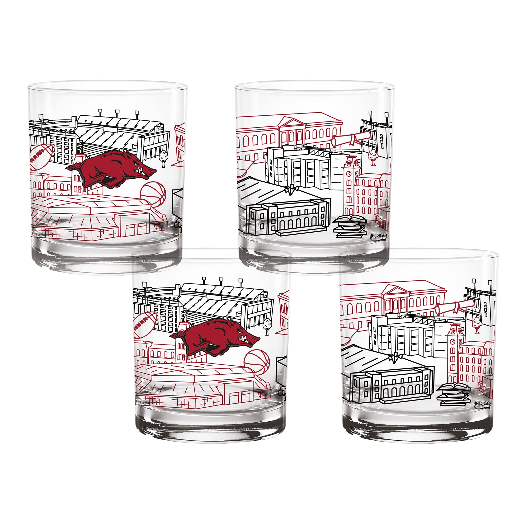 Set of 4 Arkansas Razorbacks Campus Line Art 14oz Rocks Glasses