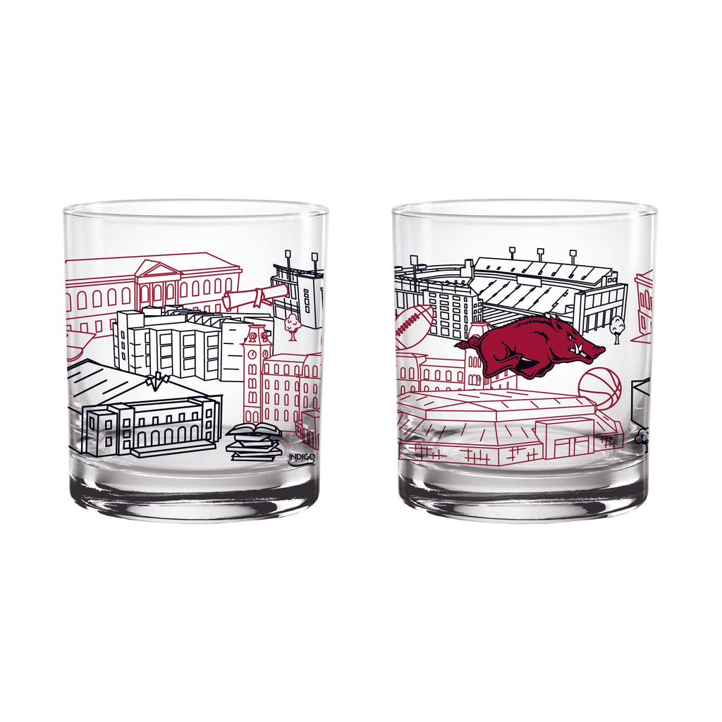 Set of 2 Arkansas Razorbacks Campus Line Art 14oz Rocks Glasses