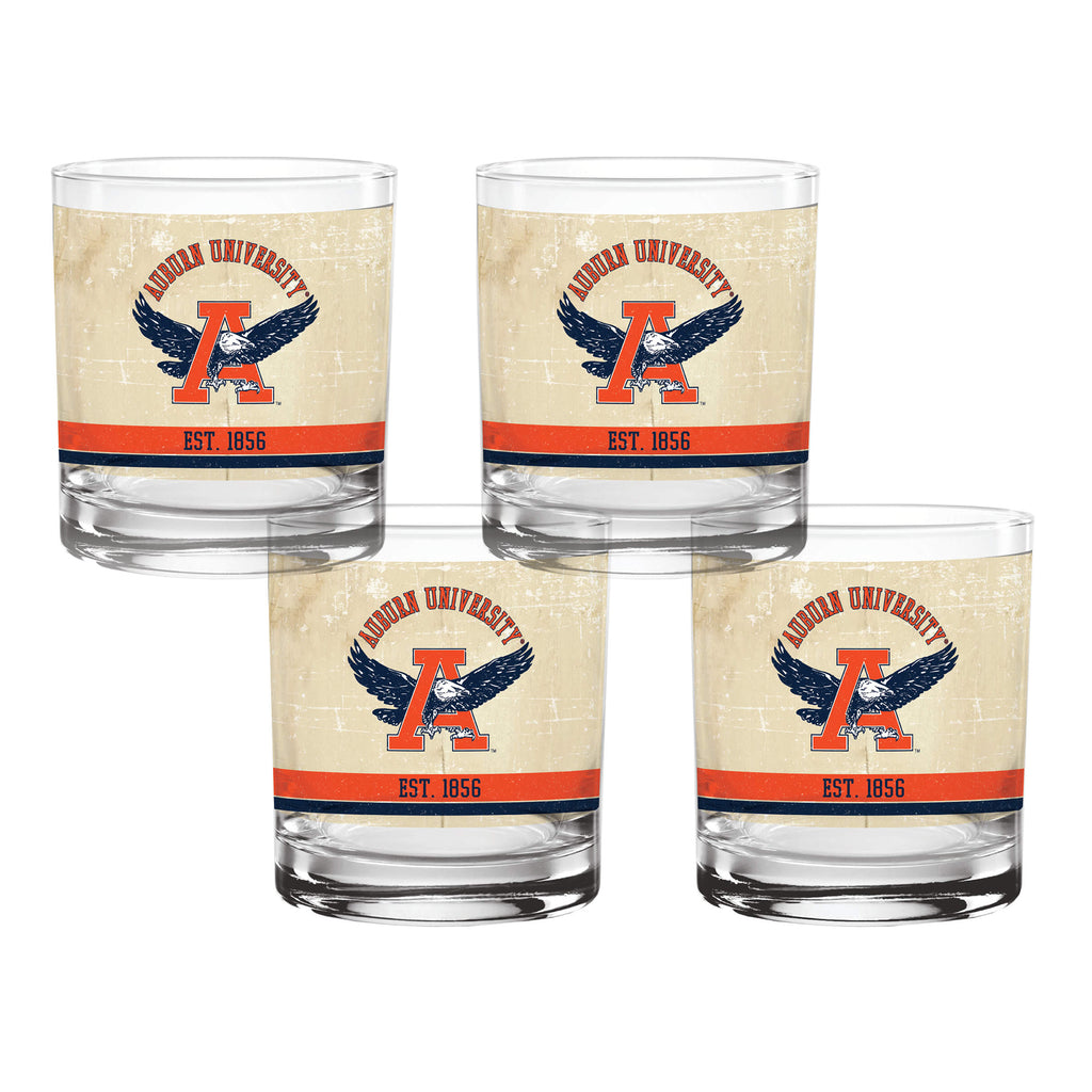 Set of 4 Auburn Tigers College Vault Tan Retro 14oz Rocks Glasses
