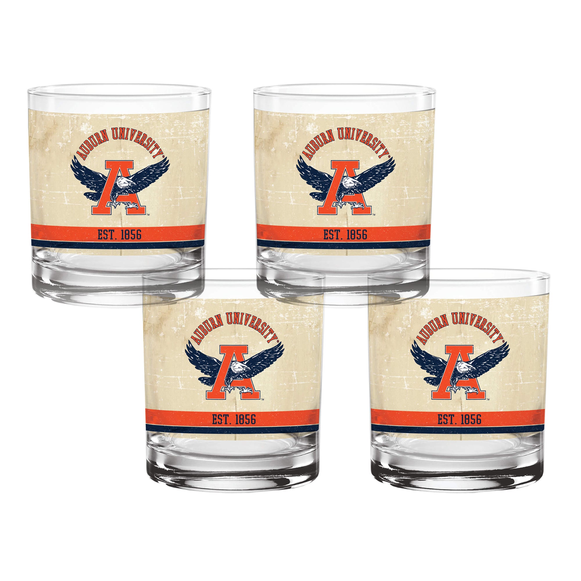 Set of 4 Auburn Tigers College Vault Tan Retro 14oz Rocks Glasses