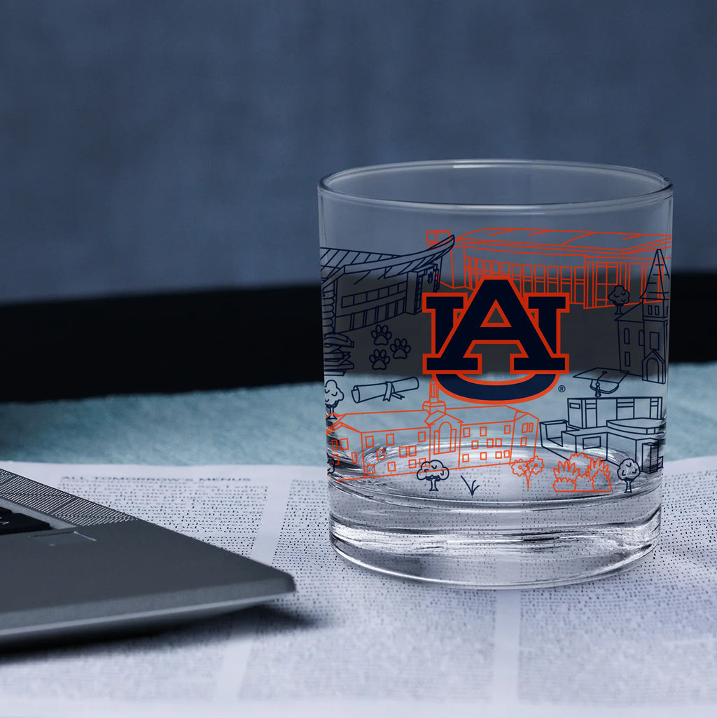 Set of 4 Auburn Tigers Campus Line Art 14oz Rocks Glasses