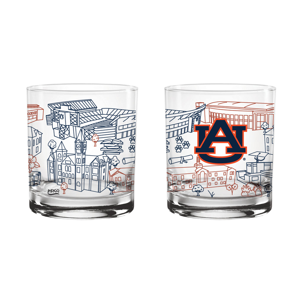 Set of 2 Auburn Tigers Campus Line Art 14oz Rocks Glasses