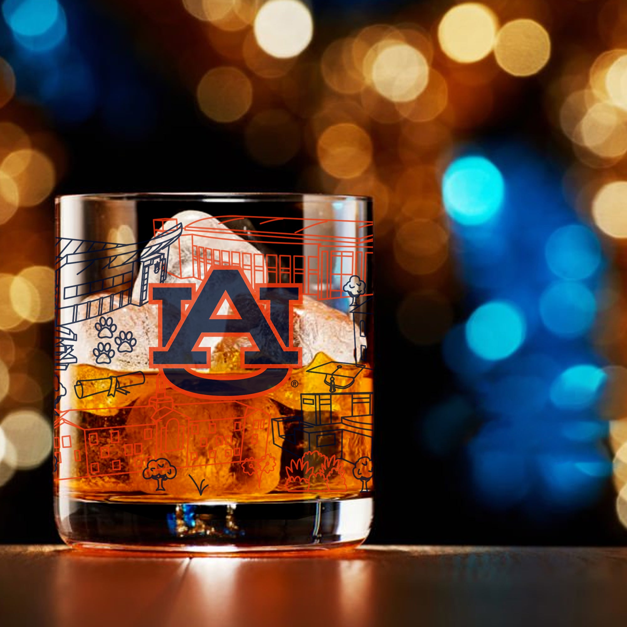 Set of 4 Auburn Tigers Campus Line Art 14oz Rocks Glasses