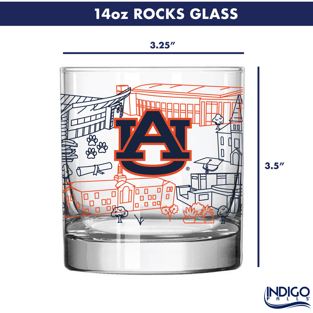 Set of 4 Auburn Tigers Campus Line Art 14oz Rocks Glasses