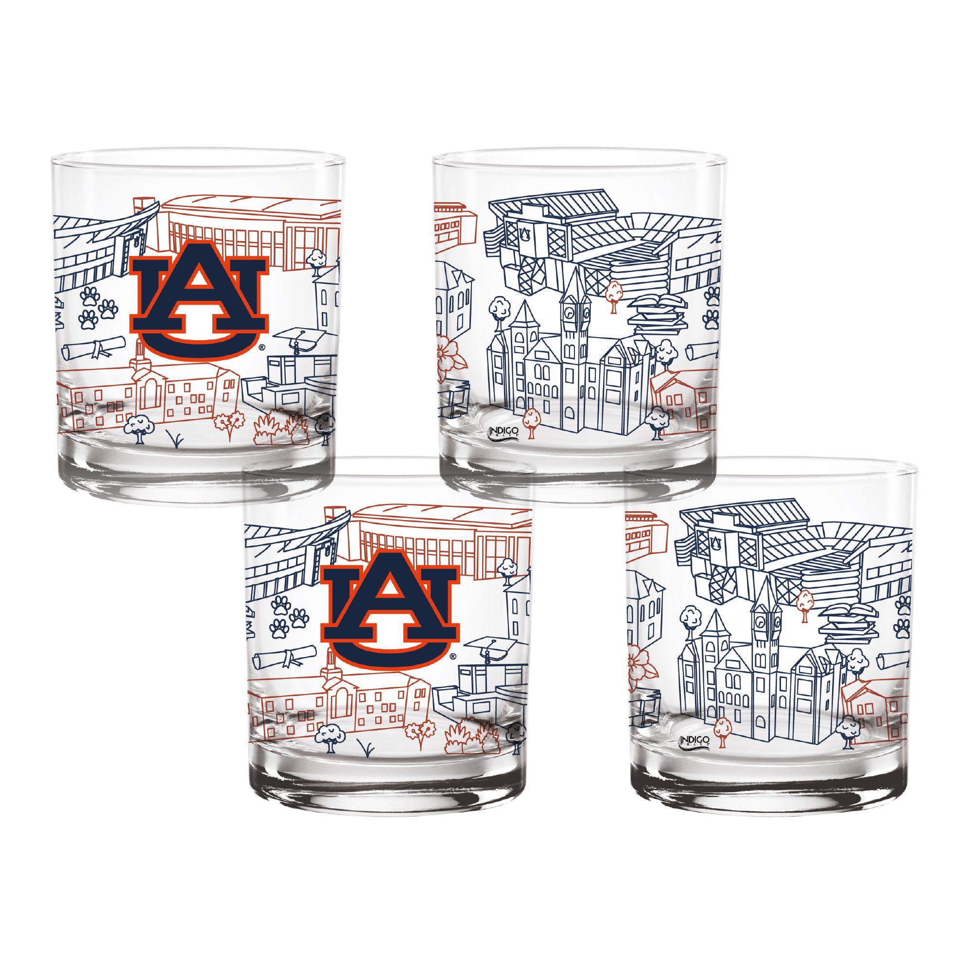Set of 4 Auburn Tigers Campus Line Art 14oz Rocks Glasses