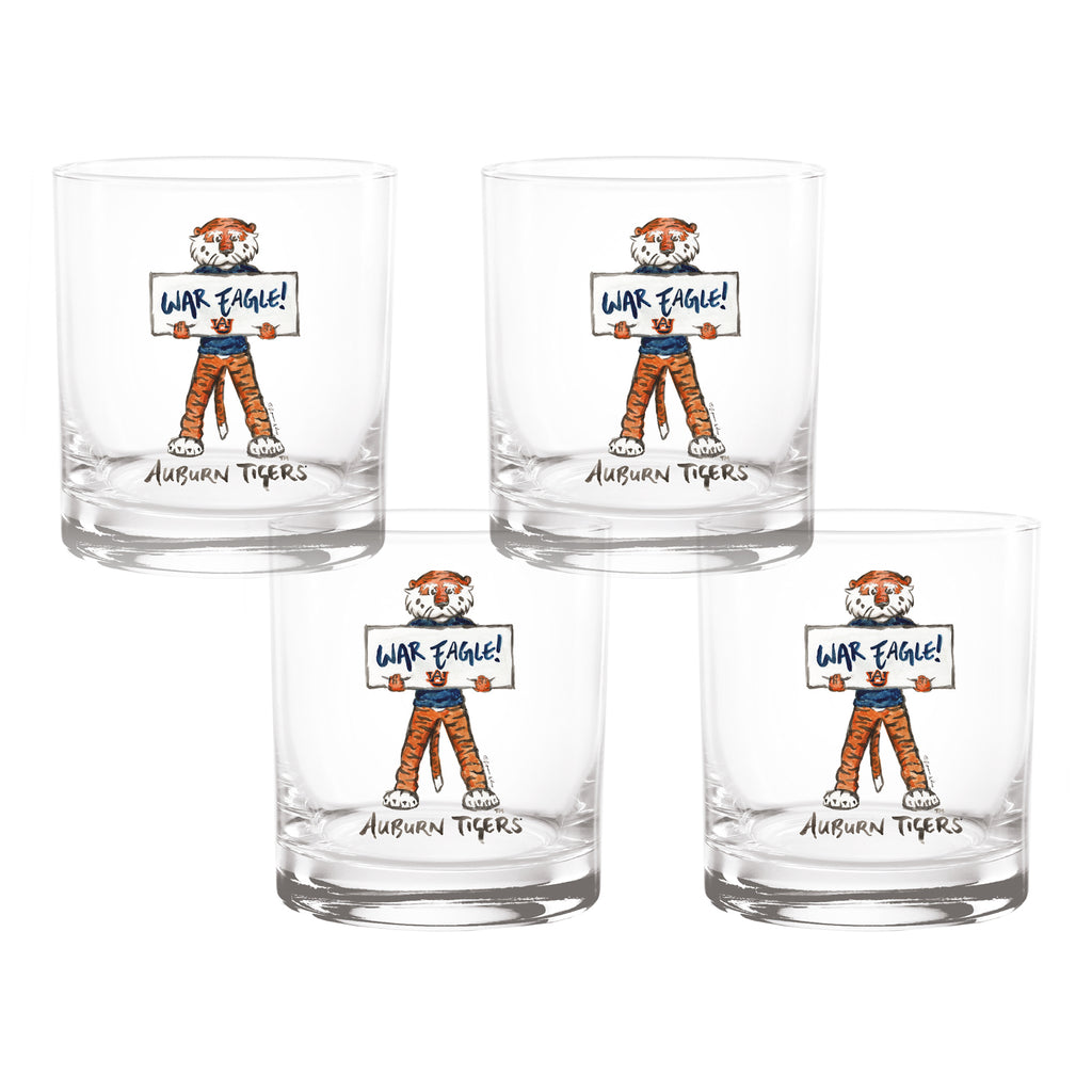Set of 4 Auburn Tigers Mascot by Laura Wilcox 14oz Rocks Glasses