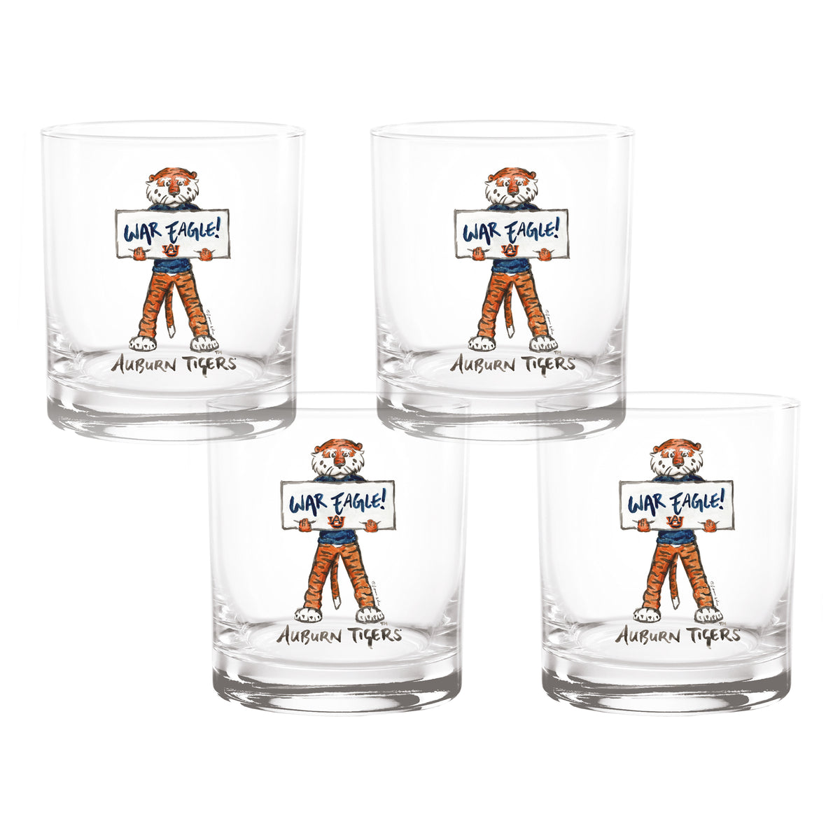 Set of 4 Auburn Tigers Mascot by Laura Wilcox 14oz Rocks Glasses