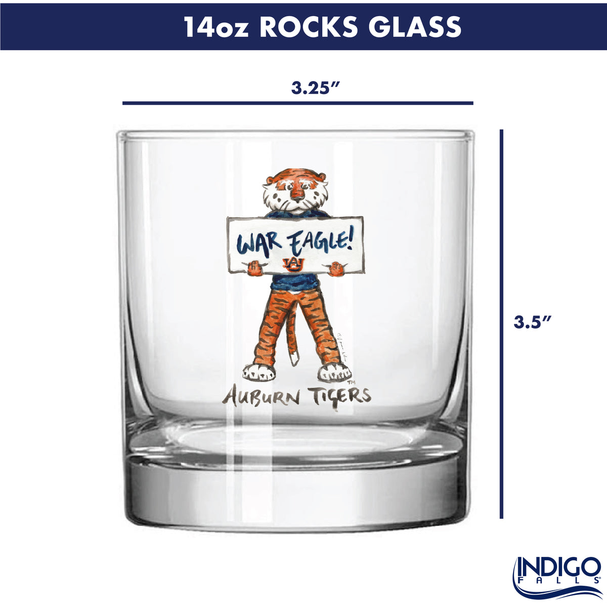 Set of 4 Auburn Tigers Mascot by Laura Wilcox 14oz Rocks Glasses