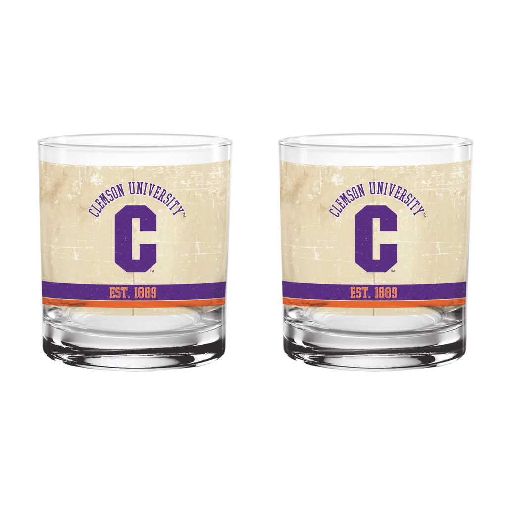 Clemson Tigers Set of 2 College Vault Tan Retro 14oz Rocks Glasses