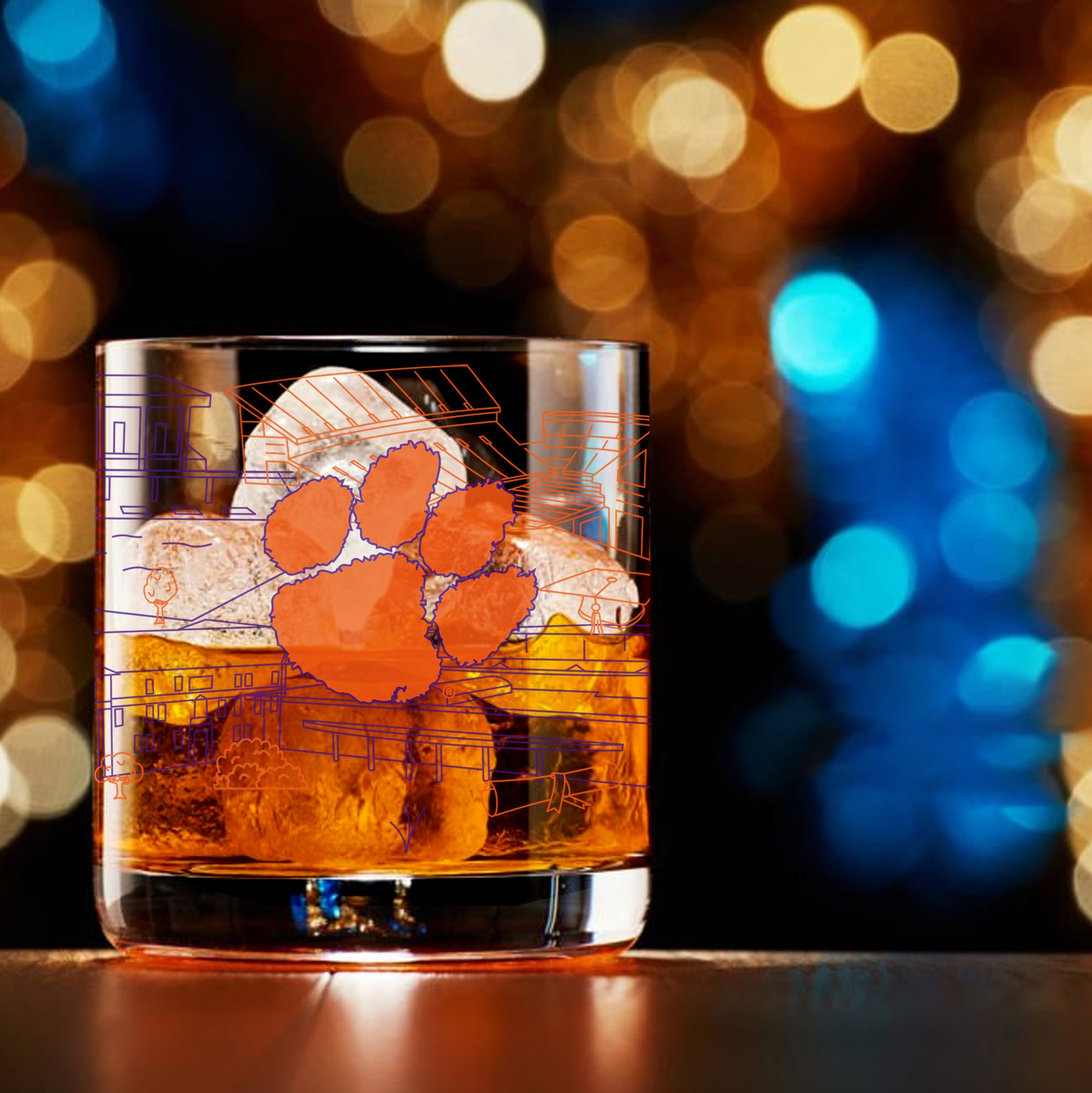Set of 4 Clemson Tigers Campus Line Art 14oz Rocks Glasses
