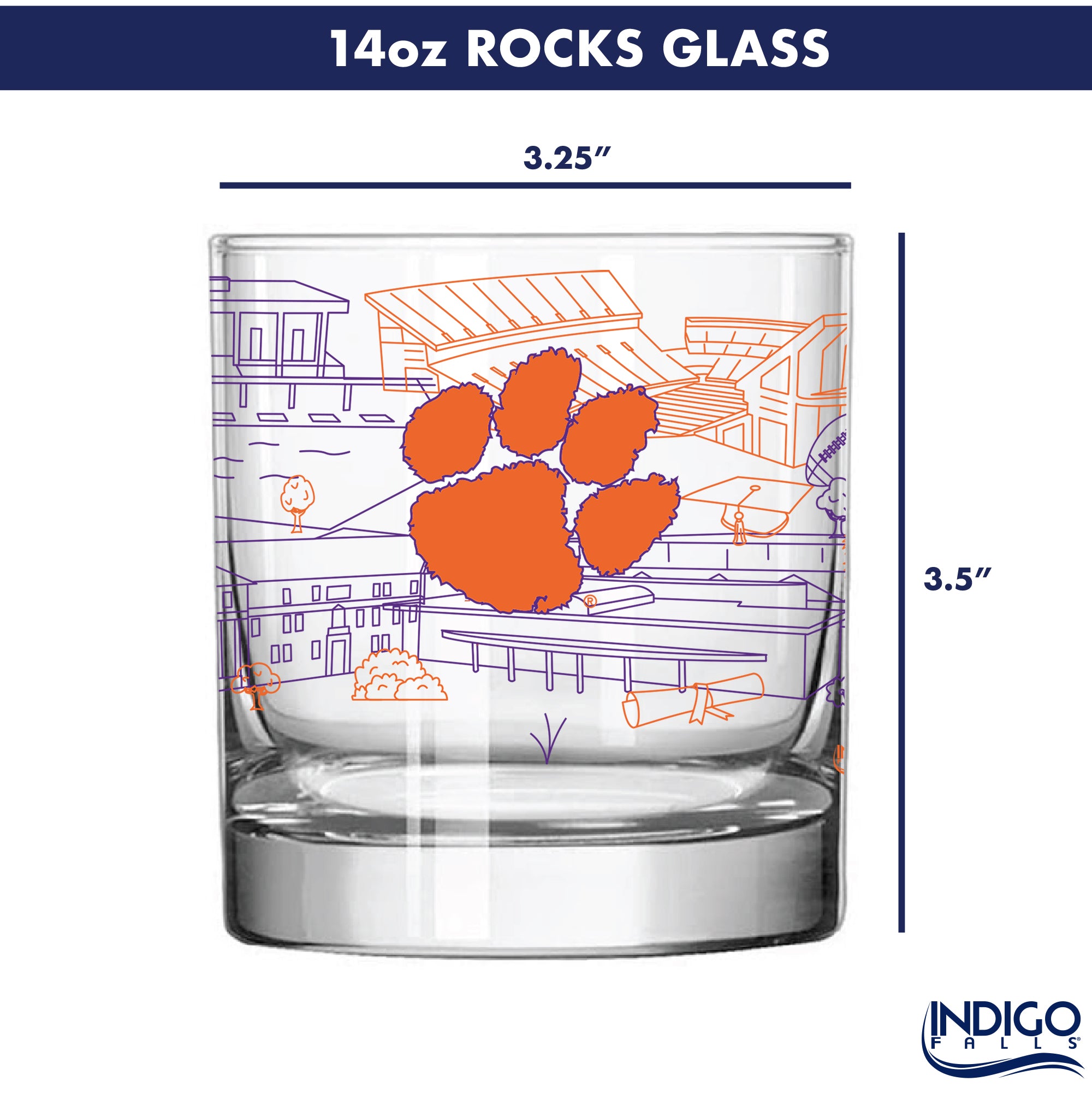 Set of 4 Clemson Tigers Campus Line Art 14oz Rocks Glasses