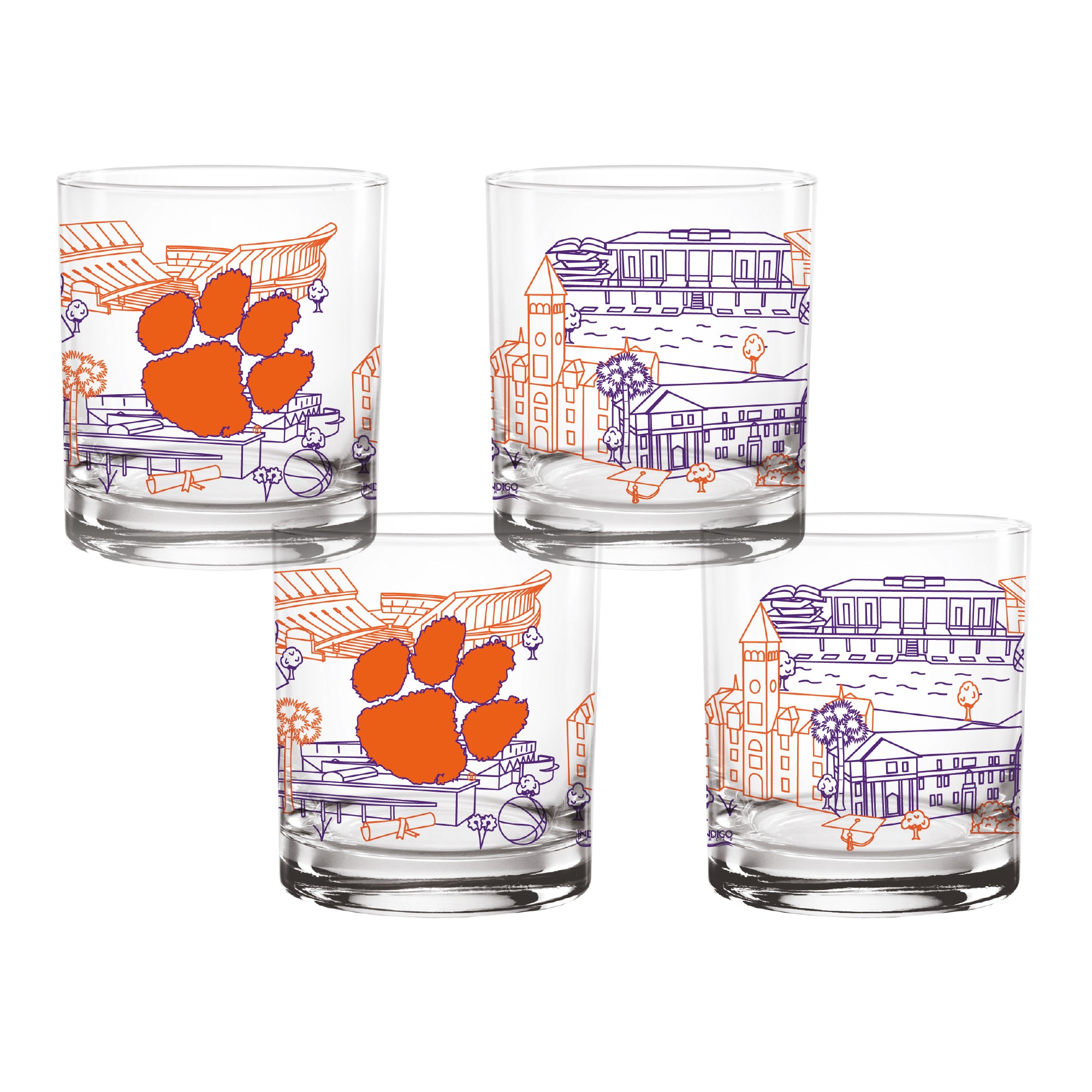 Set of 4 Clemson Tigers Campus Line Art 14oz Rocks Glasses