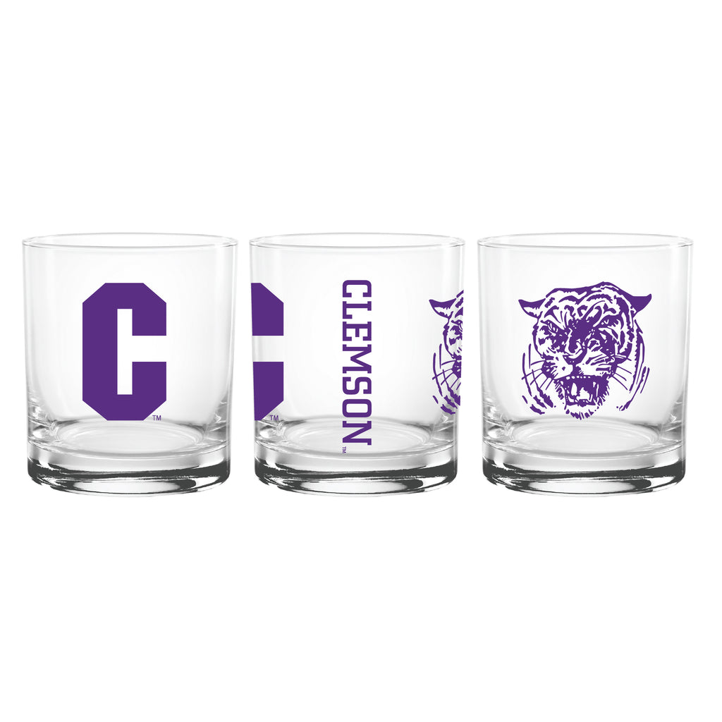 Set of 2 Clemson Tigers College Vault Sketch 14oz Rocks Glasses