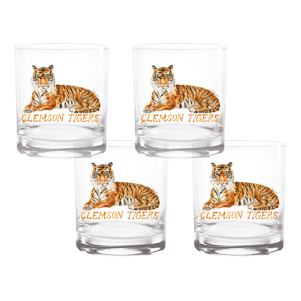 Set of 4 Clemson Tigers Mascot by Laura Wilcox 14oz Rocks Glasses