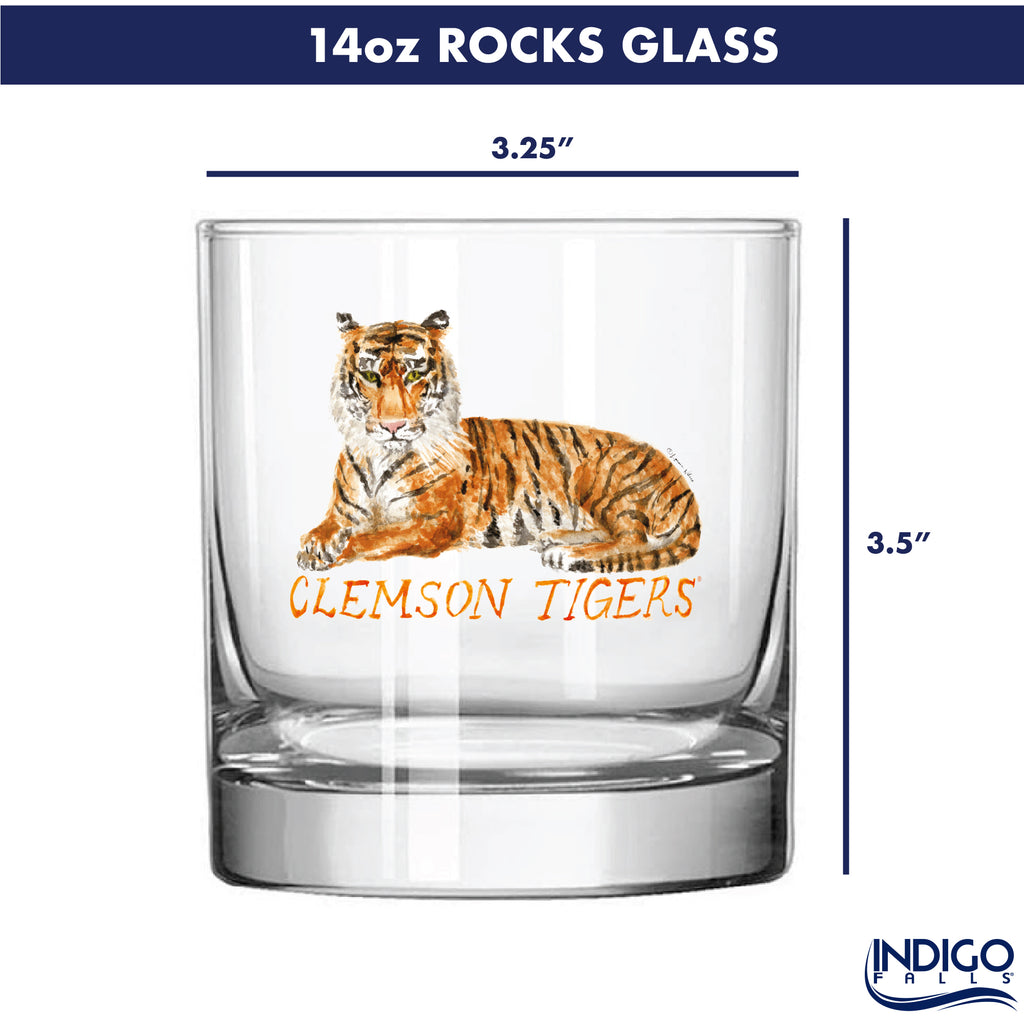 Set of 4 Clemson Tigers Mascot by Laura Wilcox 14oz Rocks Glasses