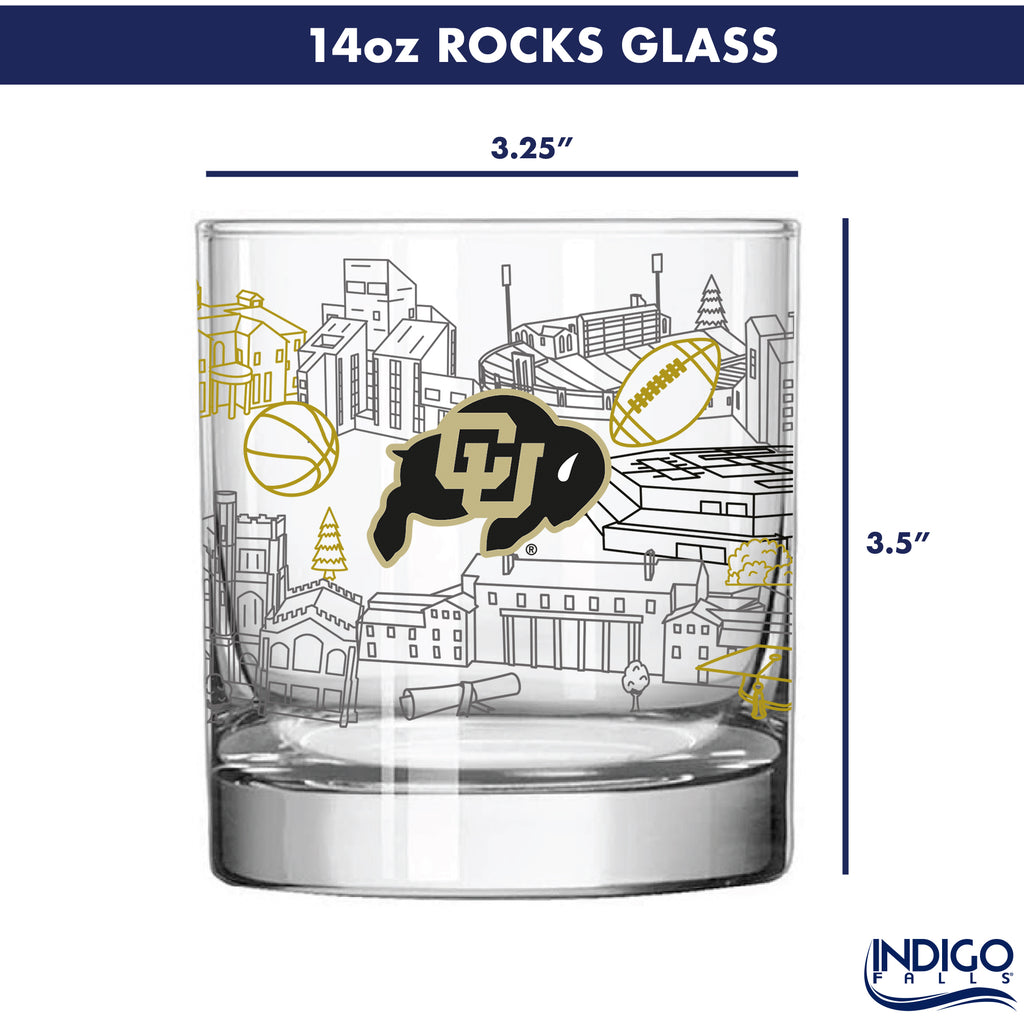 Set of 4 Colorado Buffaloes Campus Line Art 14oz Rocks Glasses