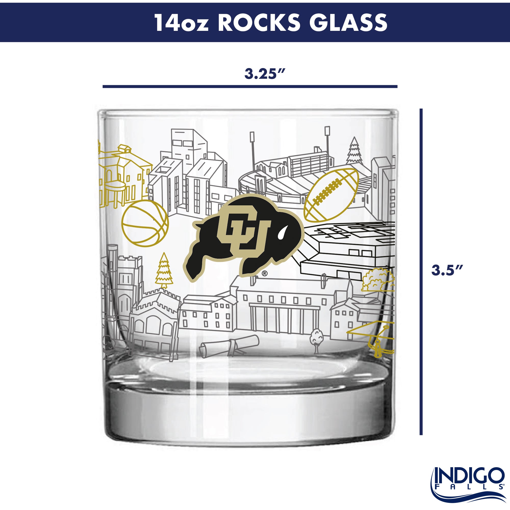Set of 4 Colorado Buffaloes Campus Line Art 14oz Rocks Glasses