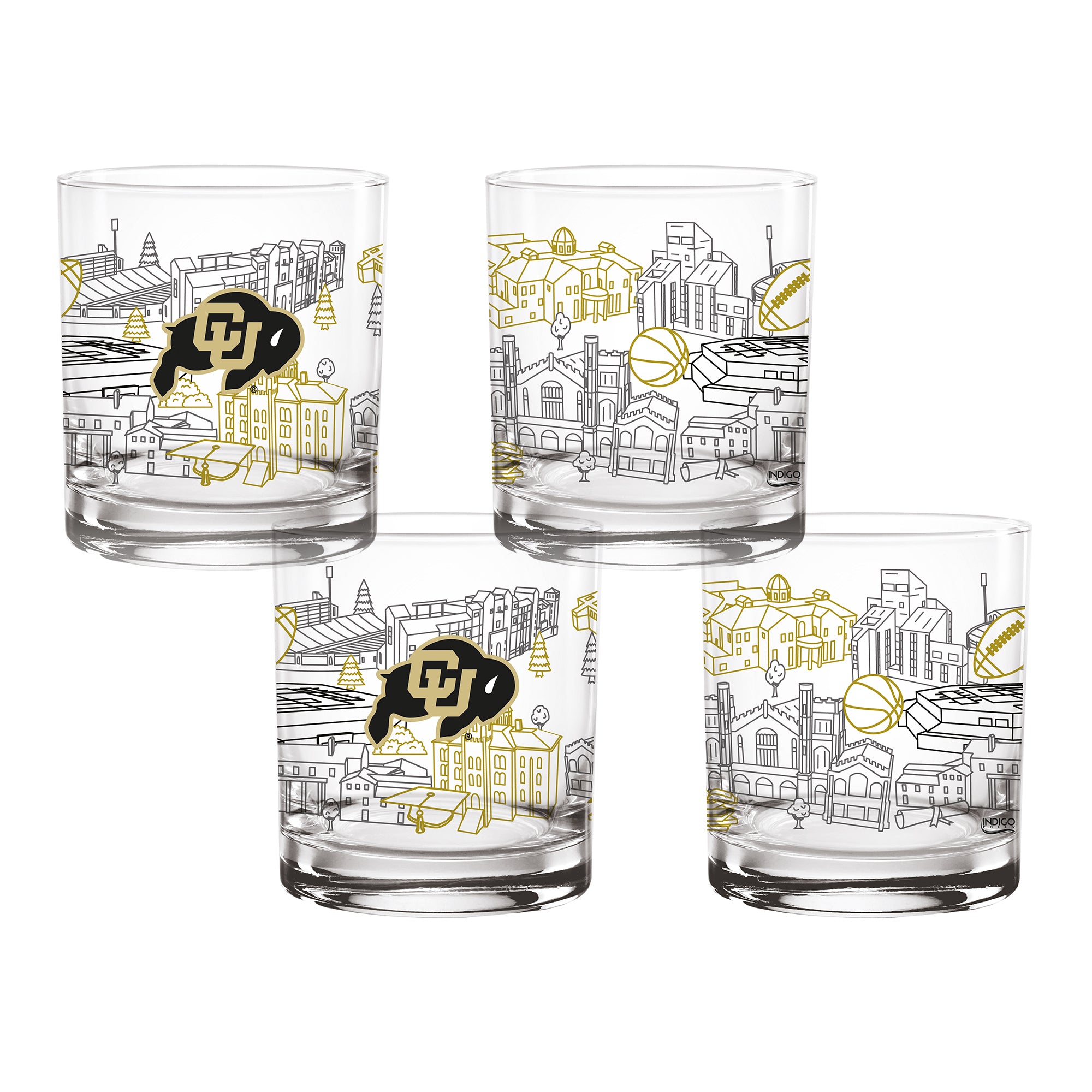 Set of 4 Colorado Buffaloes Campus Line Art 14oz Rocks Glasses