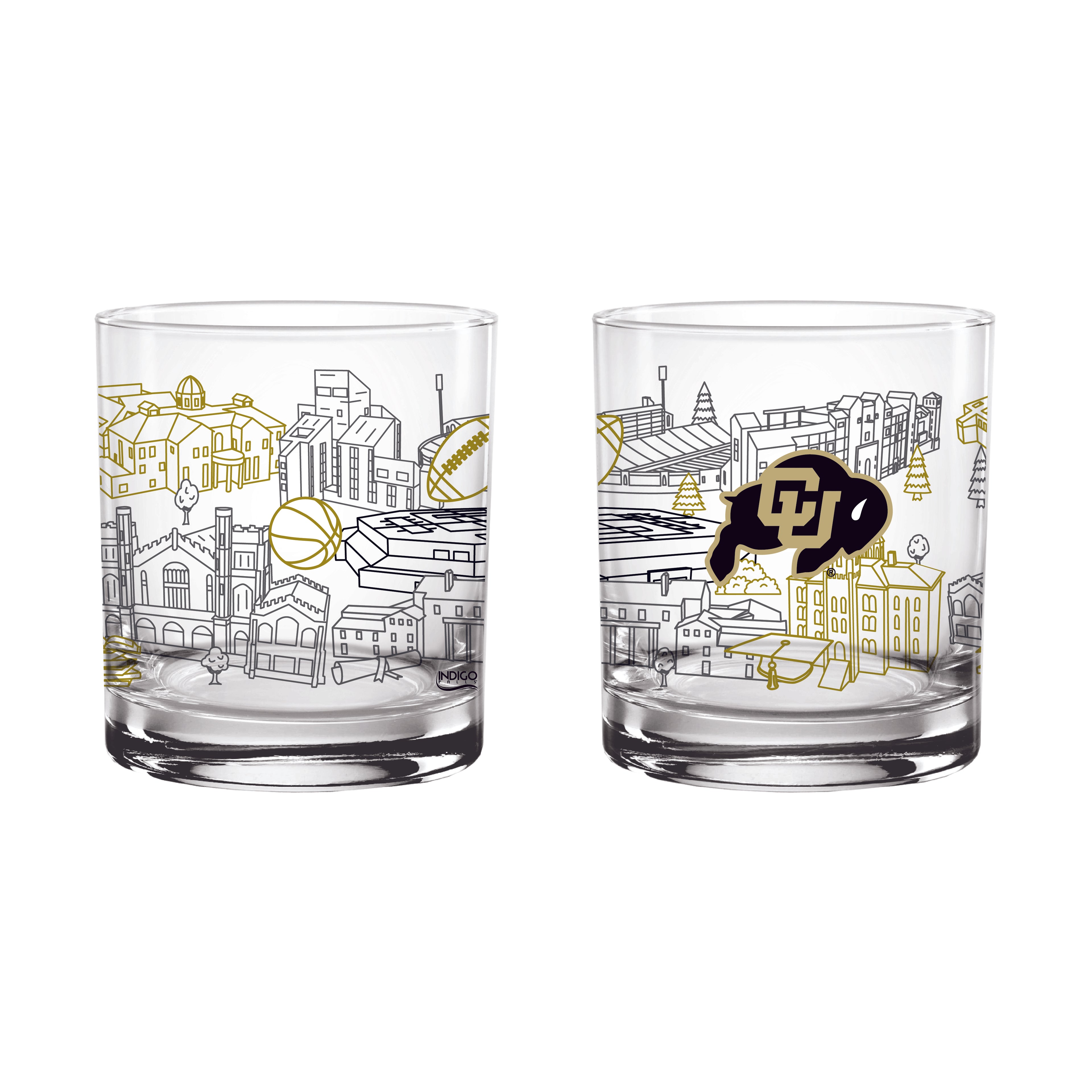Set of 2 Colorado Buffaloes Campus Line Art 14oz Rocks Glasses
