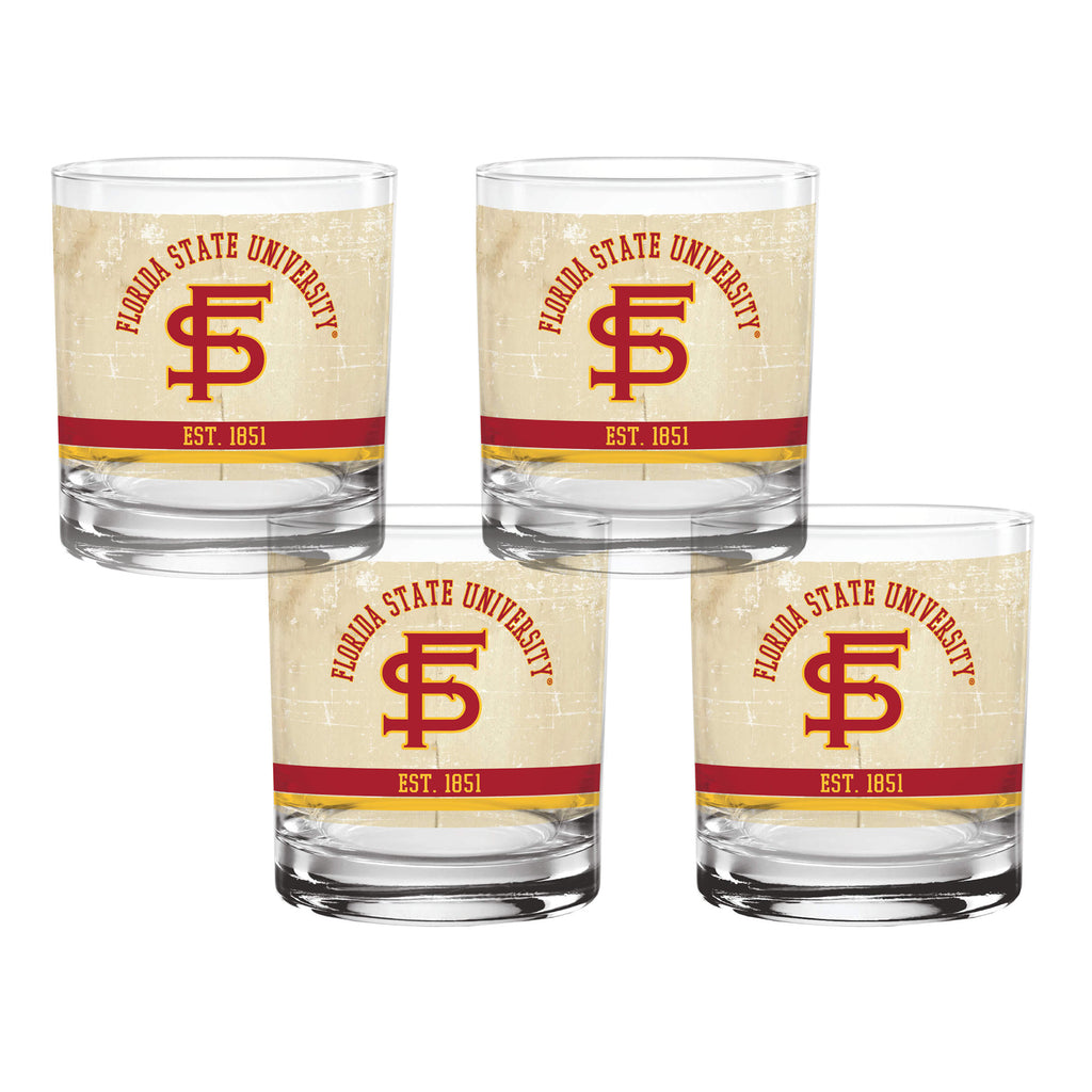 Set of 4 Florida State Seminoles College Vault Tan Retro 14oz Rocks Glasses