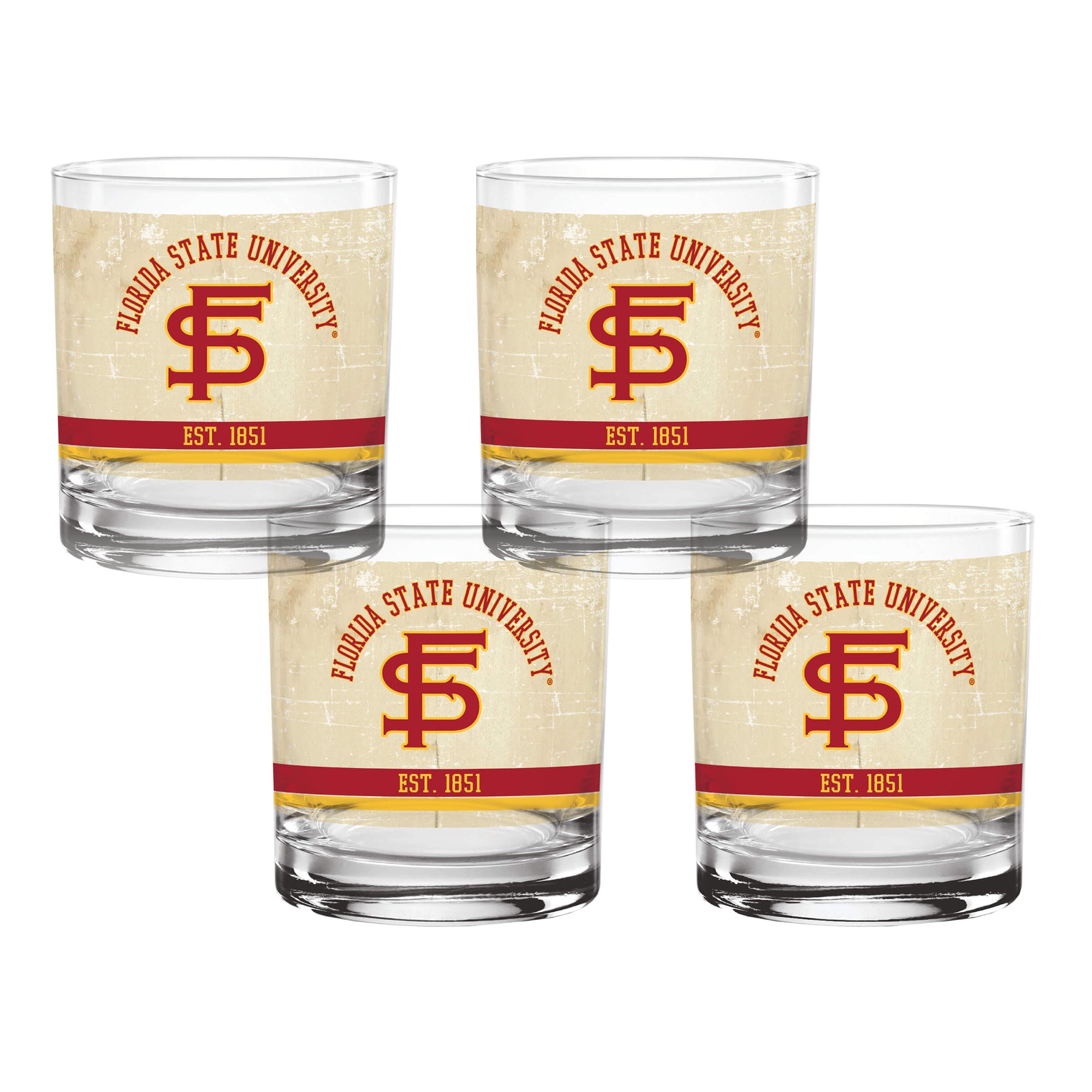 Set of 4 Florida State Seminoles College Vault Tan Retro 14oz Rocks Glasses