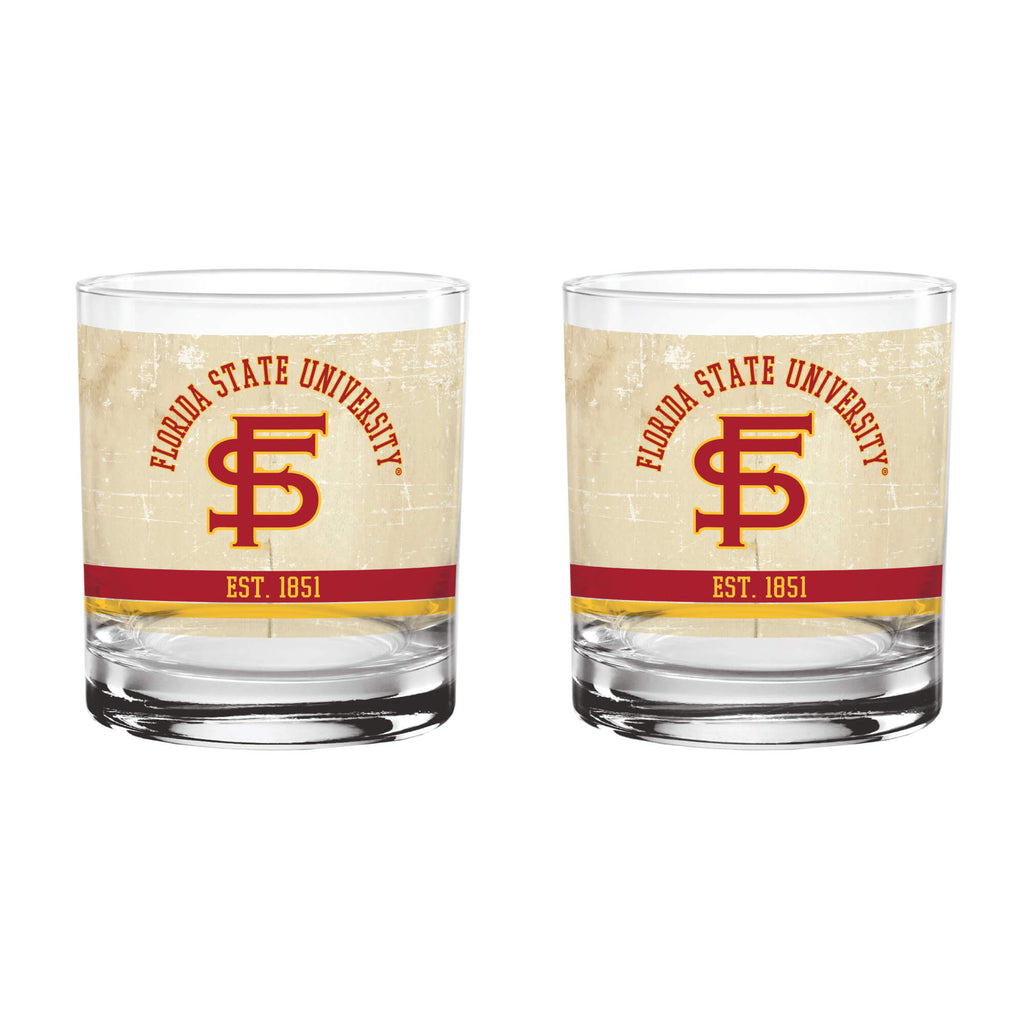 Florida State Seminoles Set of 2 College Vault Tan Retro 14oz Rocks Glasses