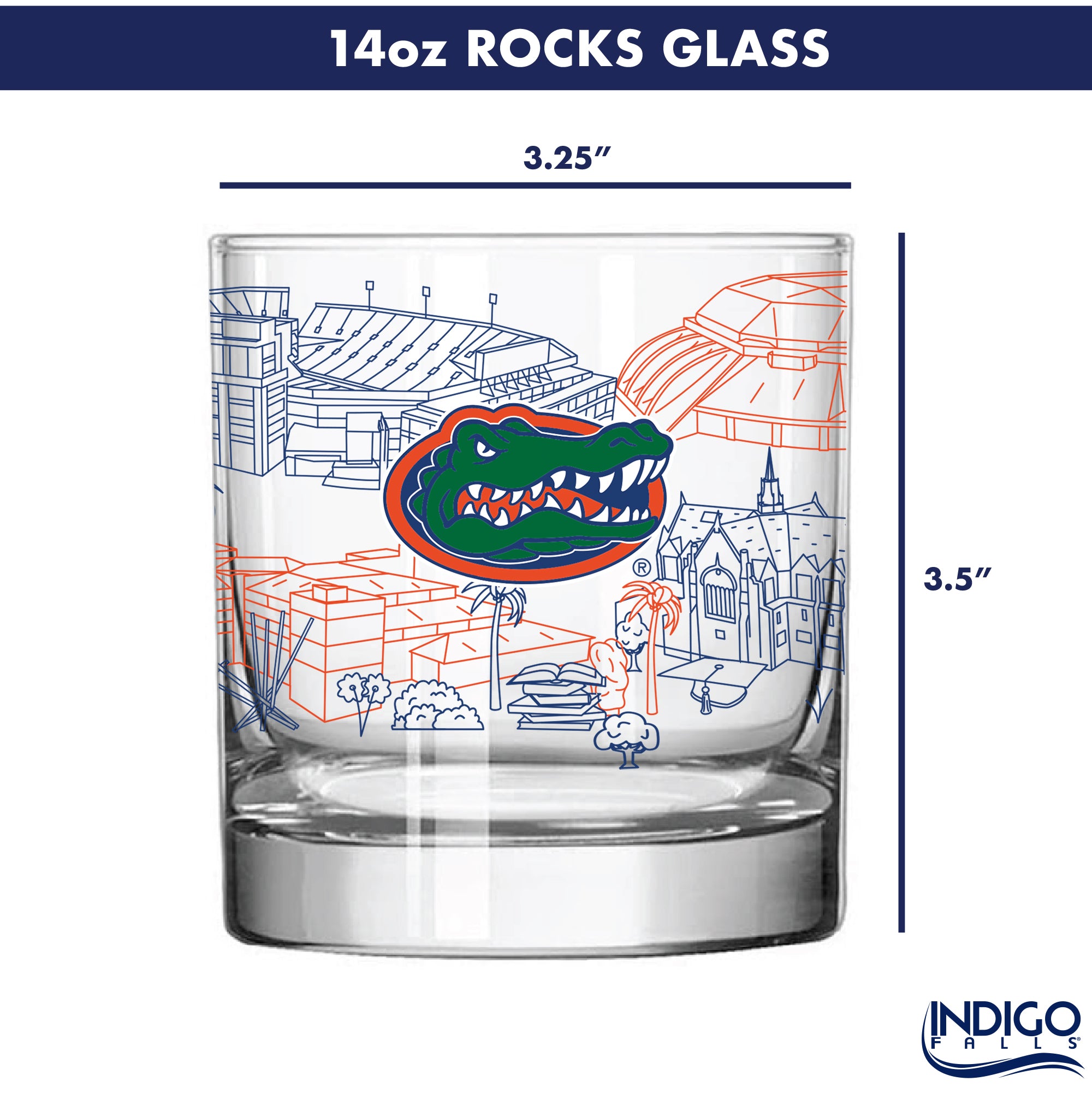 Set of 4 Florida Gators Campus Line Art 14oz Rocks Glasses