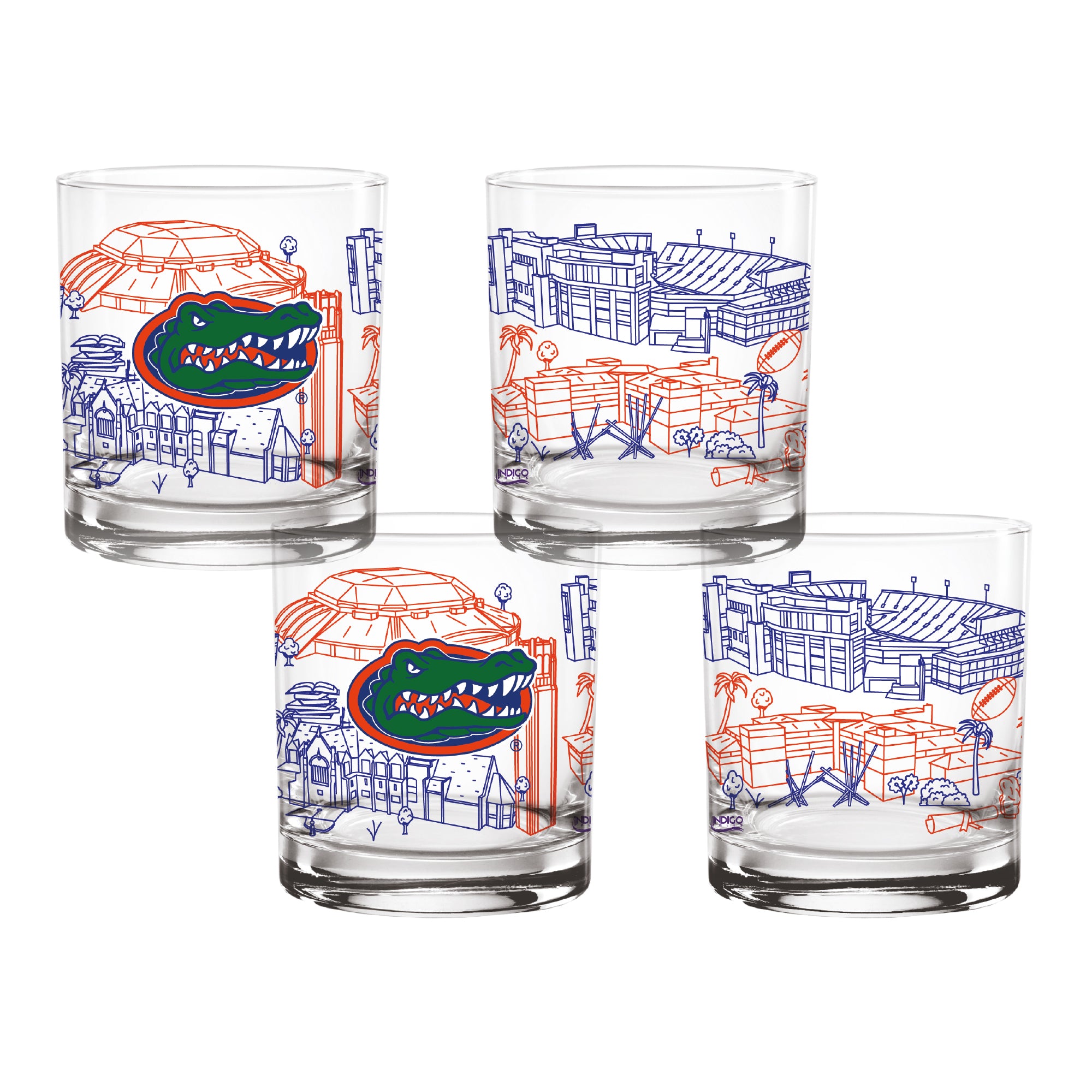 Set of 4 Florida Gators Campus Line Art 14oz Rocks Glasses