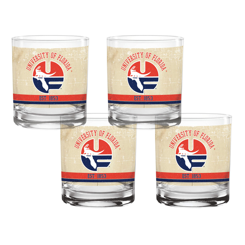Set of 4 Florida Gators College Vault Tan Retro 14oz Rocks Glasses