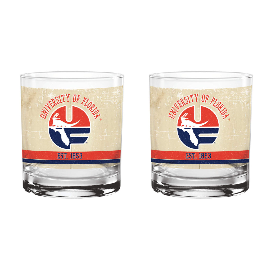 Florida Gators Set of 2 College Vault Tan Retro 14oz Rocks Glasses