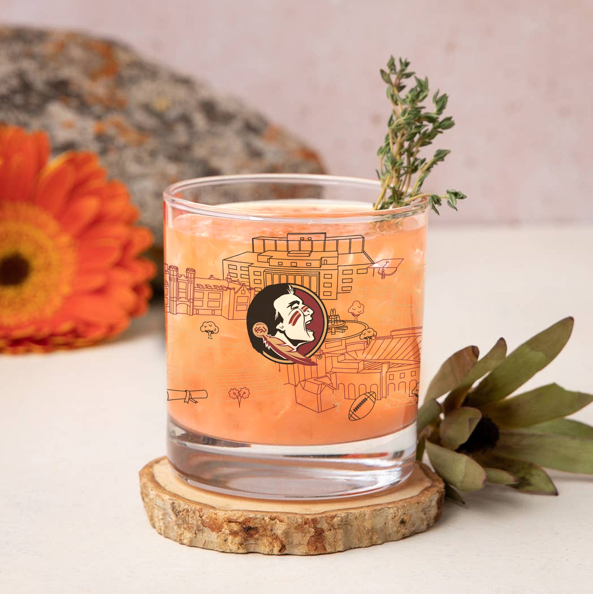 Set of 4 Florida State Seminoles Campus Line Art 14oz Rocks Glasses