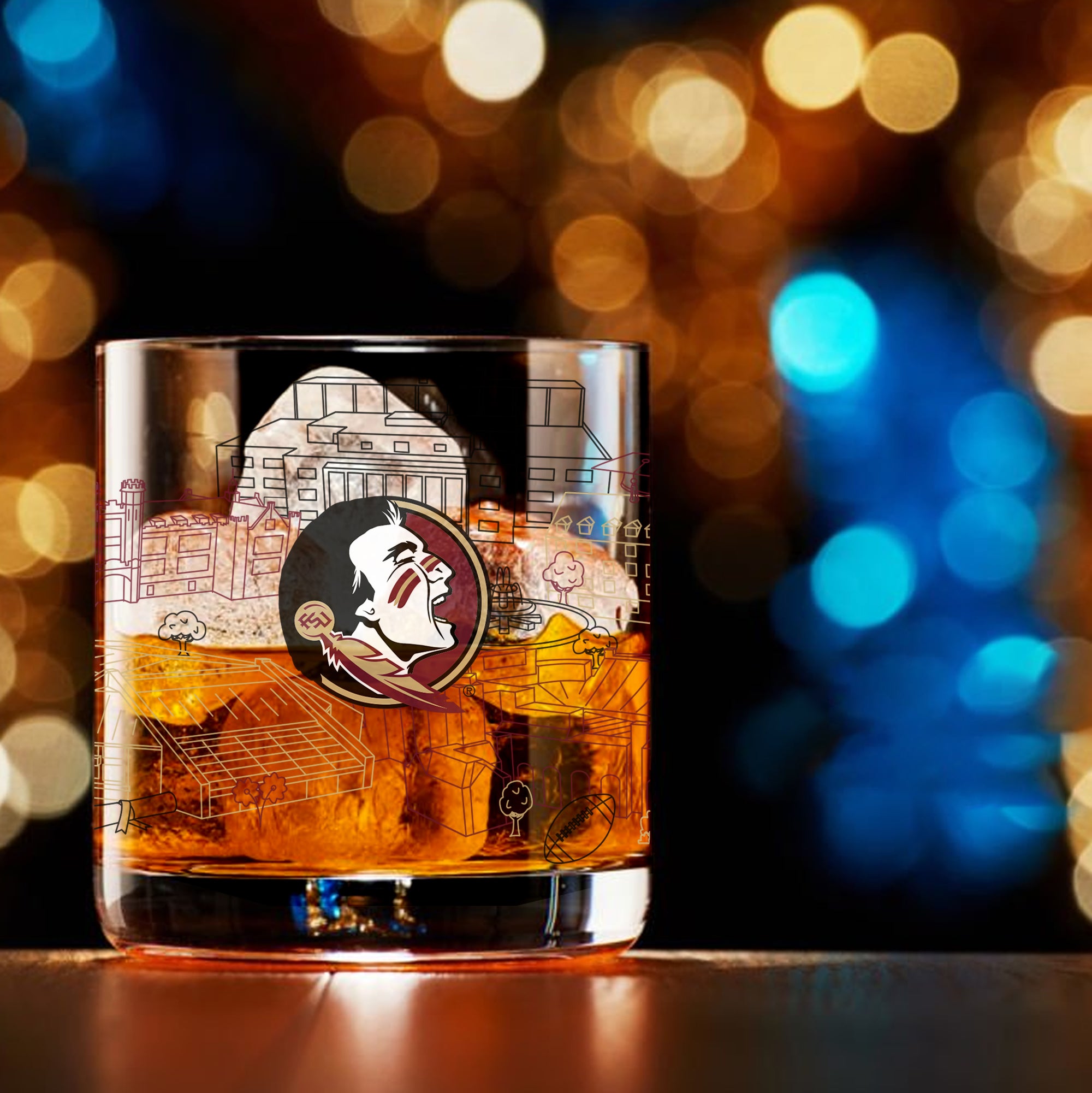 Set of 4 Florida State Seminoles Campus Line Art 14oz Rocks Glasses