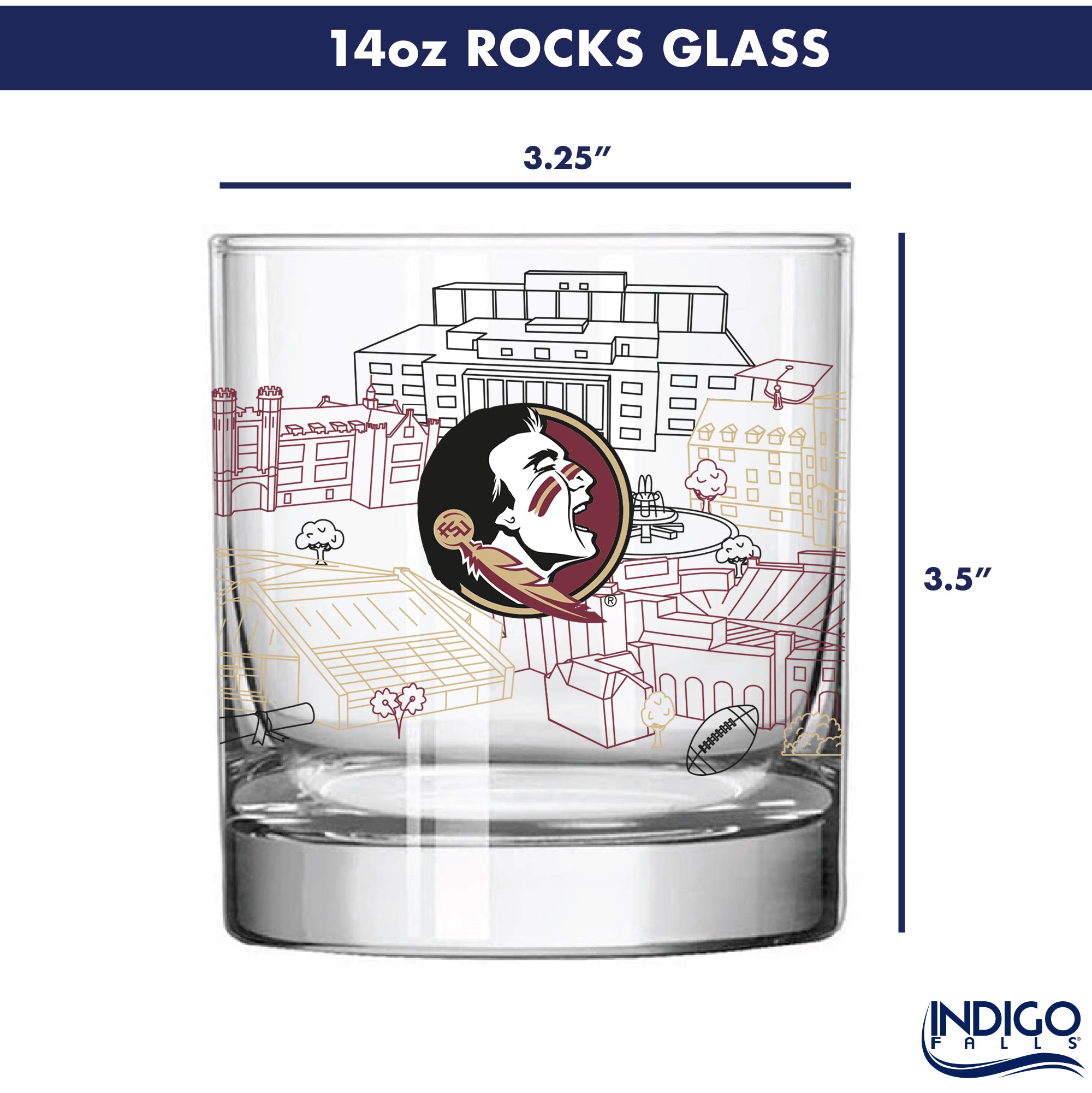 Set of 4 Florida State Seminoles Campus Line Art 14oz Rocks Glasses