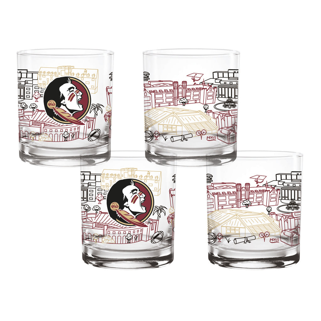 Set of 4 Florida State Seminoles Campus Line Art 14oz Rocks Glasses