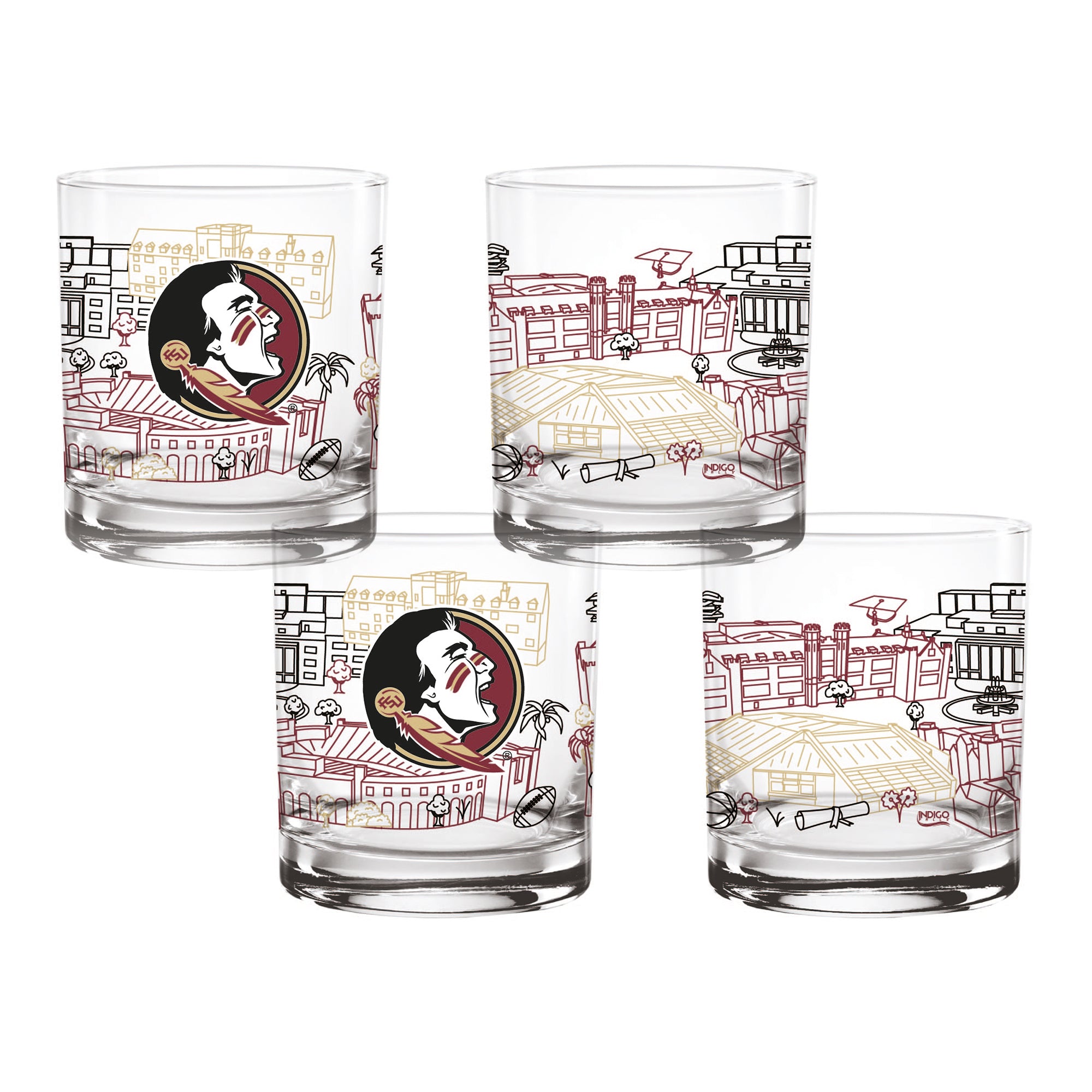 Set of 4 Florida State Seminoles Campus Line Art 14oz Rocks Glasses