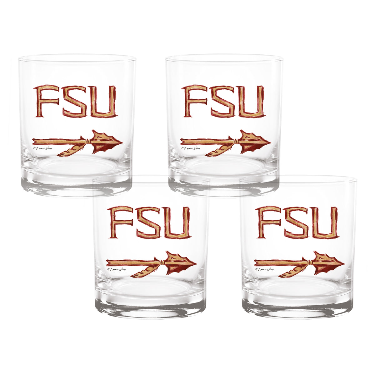 Set of 4 Florida State Seminoles Mascot by Laura Wilcox 14oz Rocks Glasses