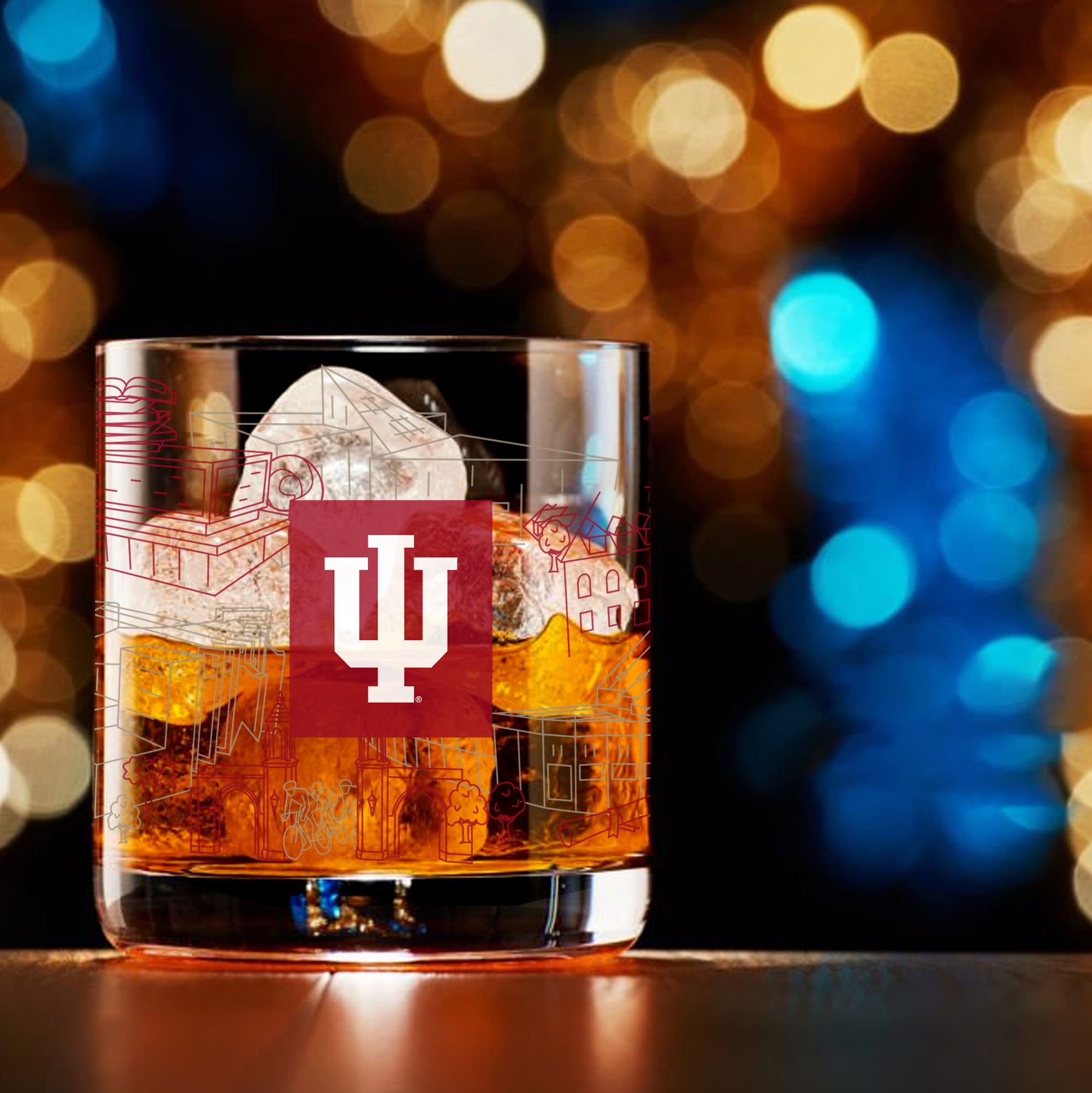 Set of 4 Indiana Hoosiers Campus Line Art 14oz Rocks Glasses