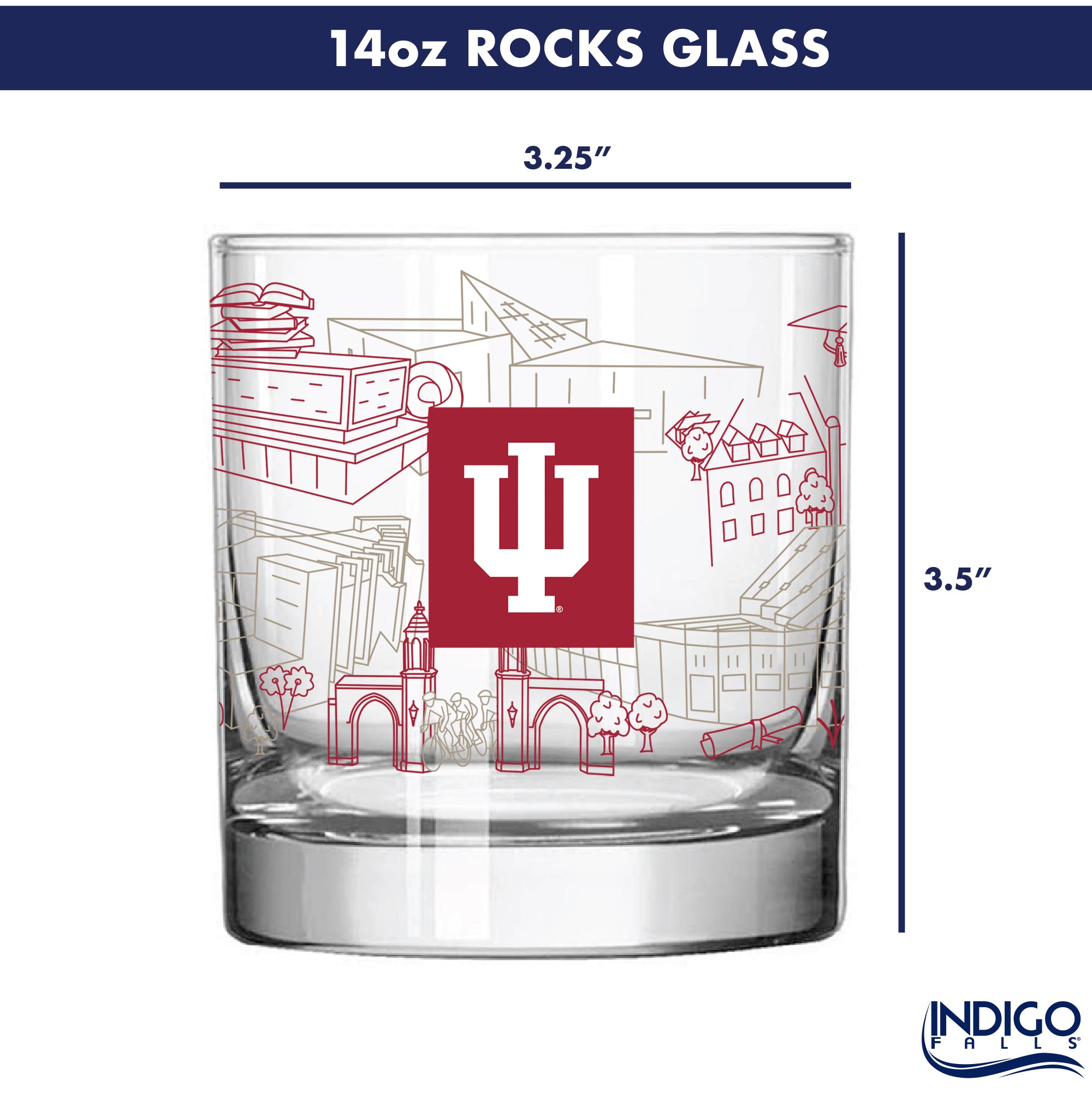 Set of 4 Indiana Hoosiers Campus Line Art 14oz Rocks Glasses