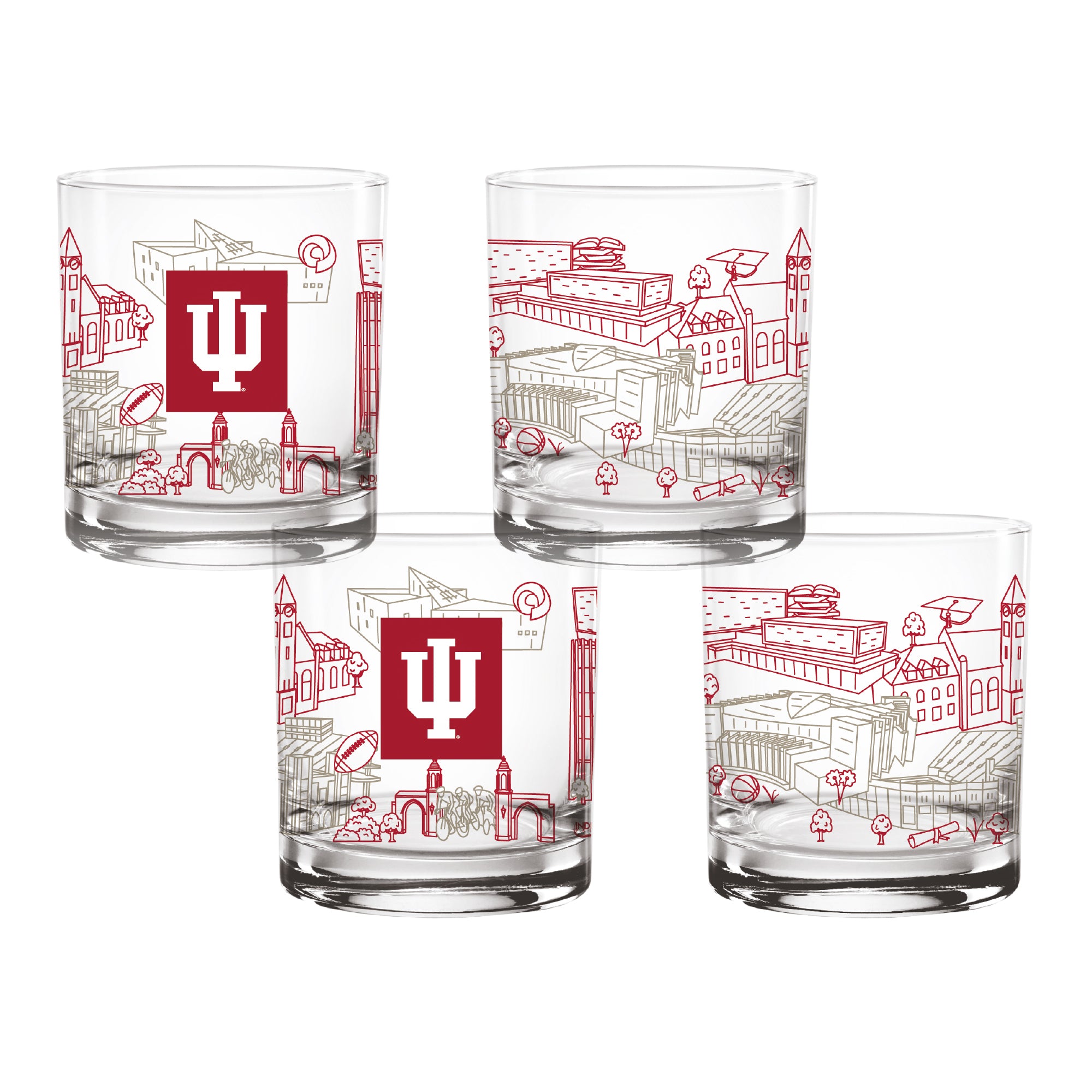 Set of 4 Indiana Hoosiers Campus Line Art 14oz Rocks Glasses