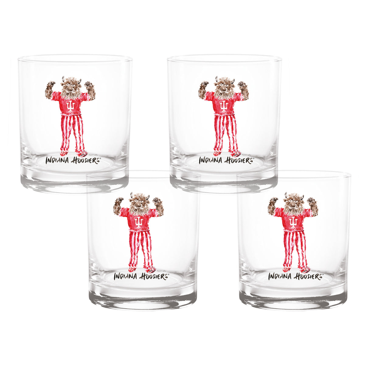 Set of 4 Indiana Hoosiers Mascot by Laura Wilcox 14oz Rocks Glasses