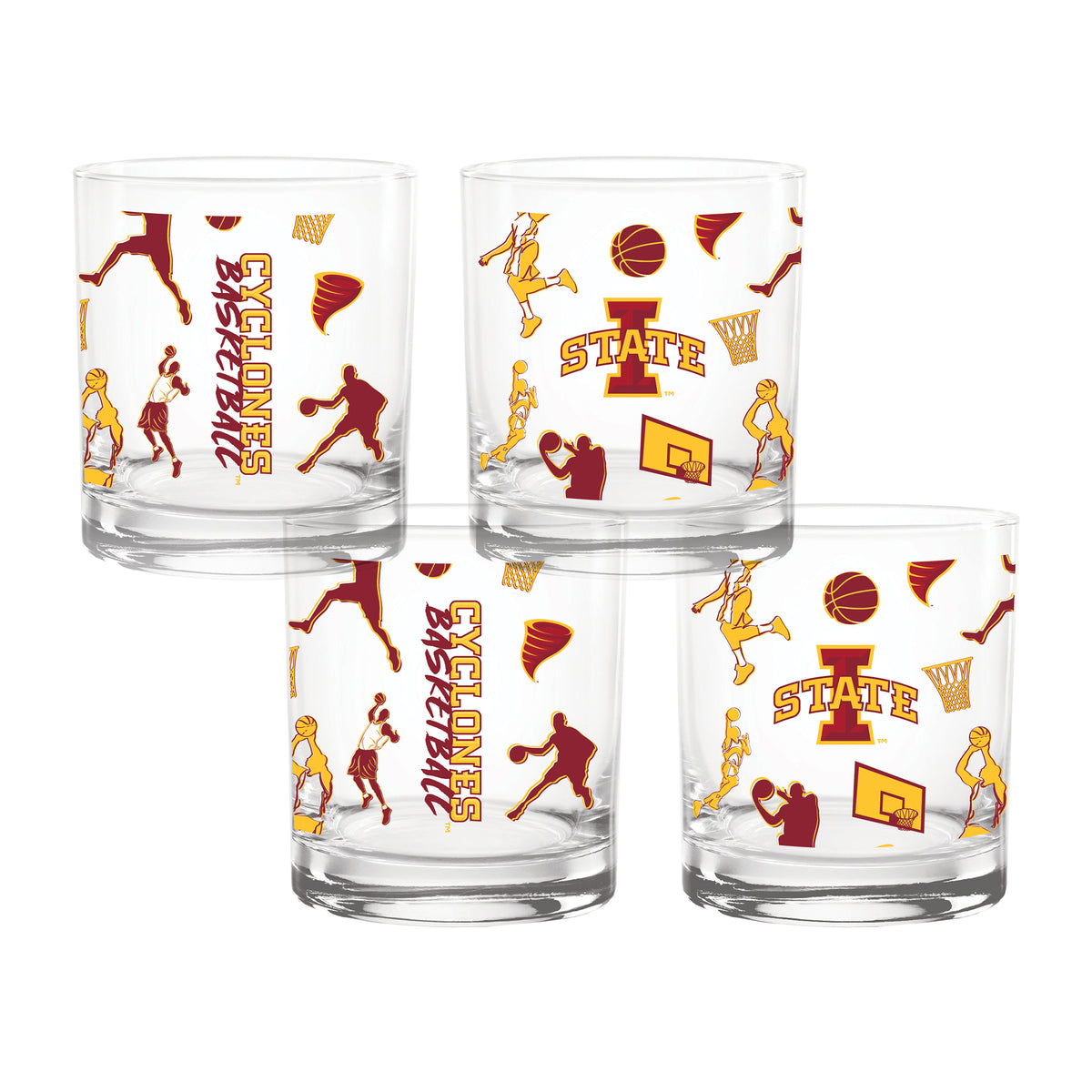 Set of 4 Iowa State Cyclones Basketball Sketch 14oz Rocks Glasses