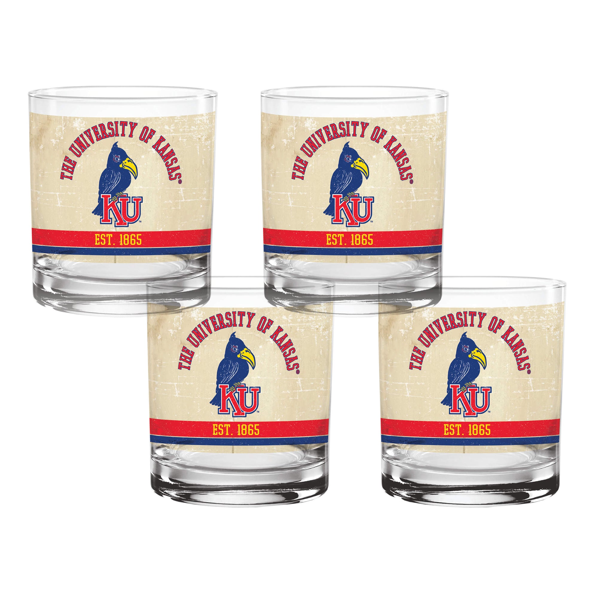 Set of 4 Kansas Jayhawks College Vault Tan Retro 14oz Rocks Glasses